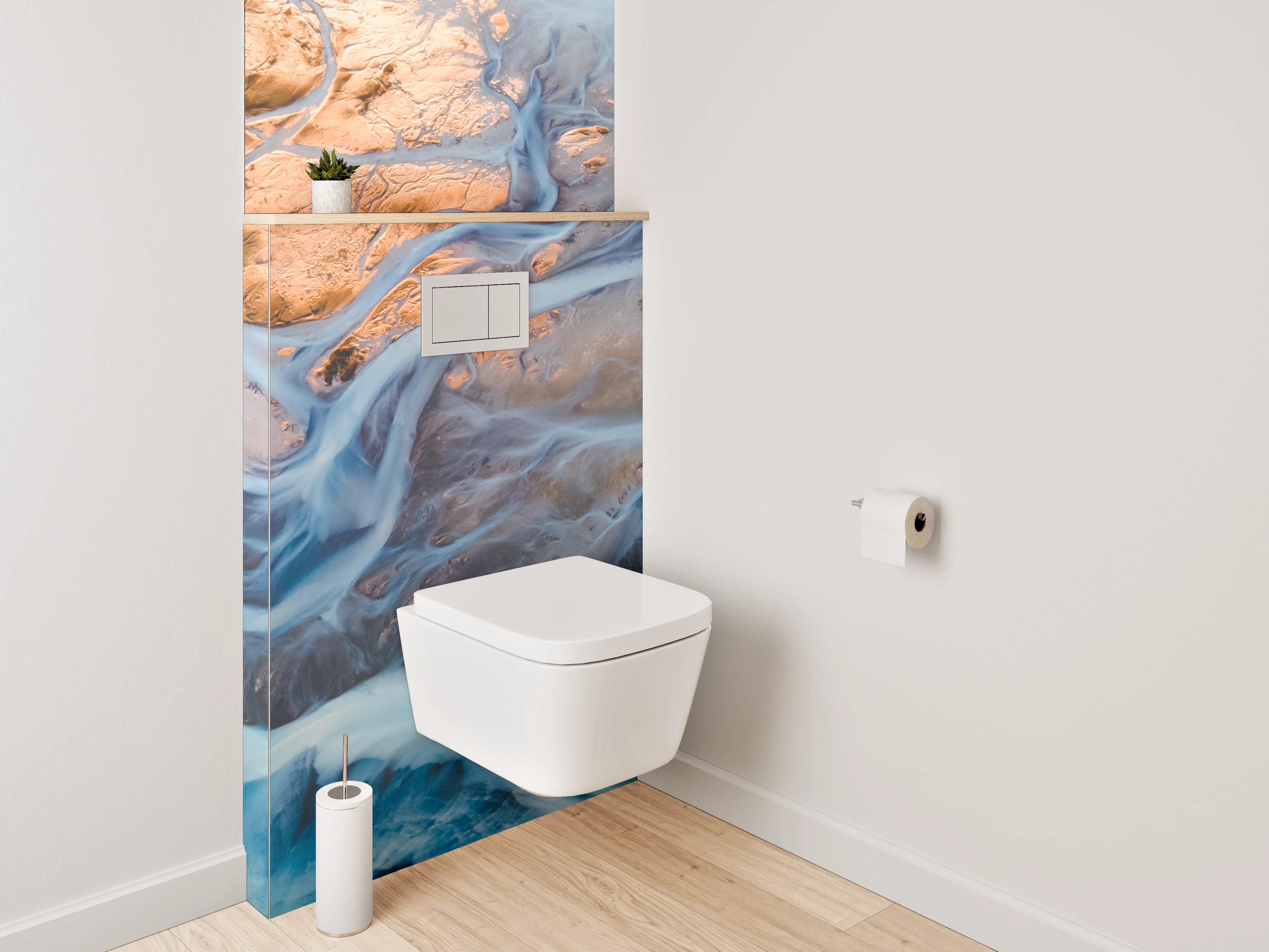 WC-Rückwand - Abstrakter Flusslauf in Blau und Gold