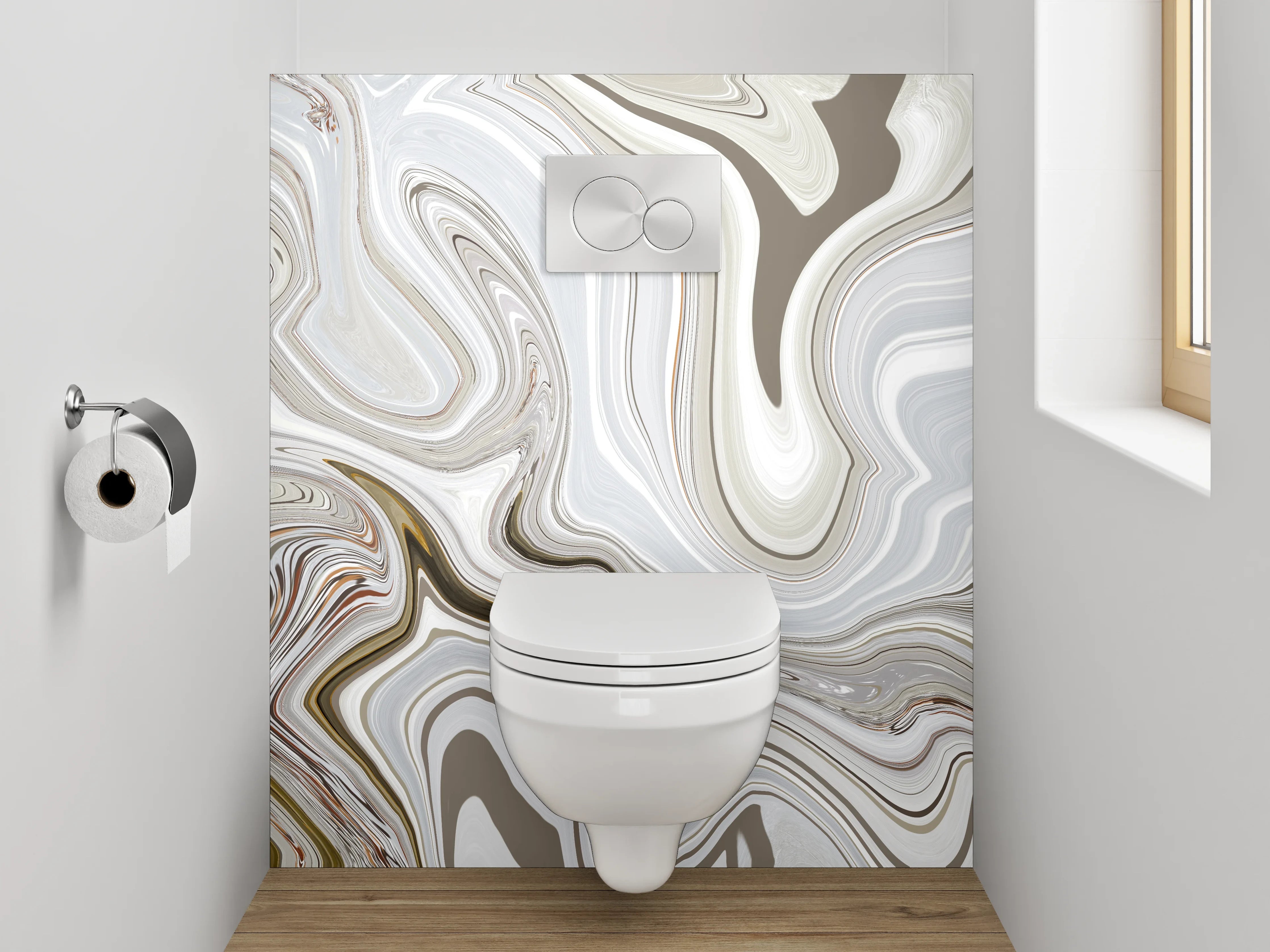 WC-Rückwand - Abstrakter Marmor-Look in Weiß und Beige