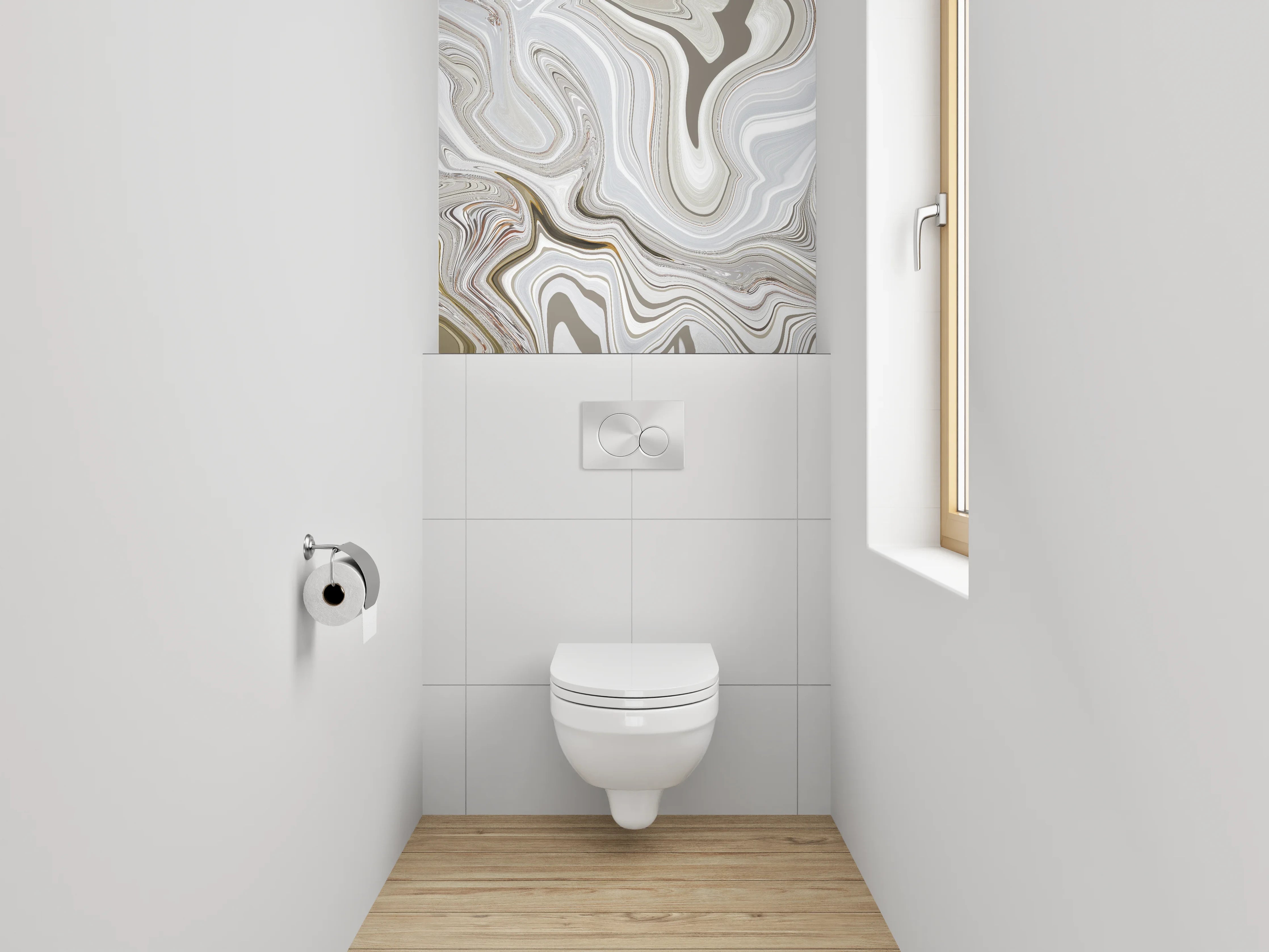 WC-Rückwand - Abstrakter Marmor-Look in Weiß und Beige