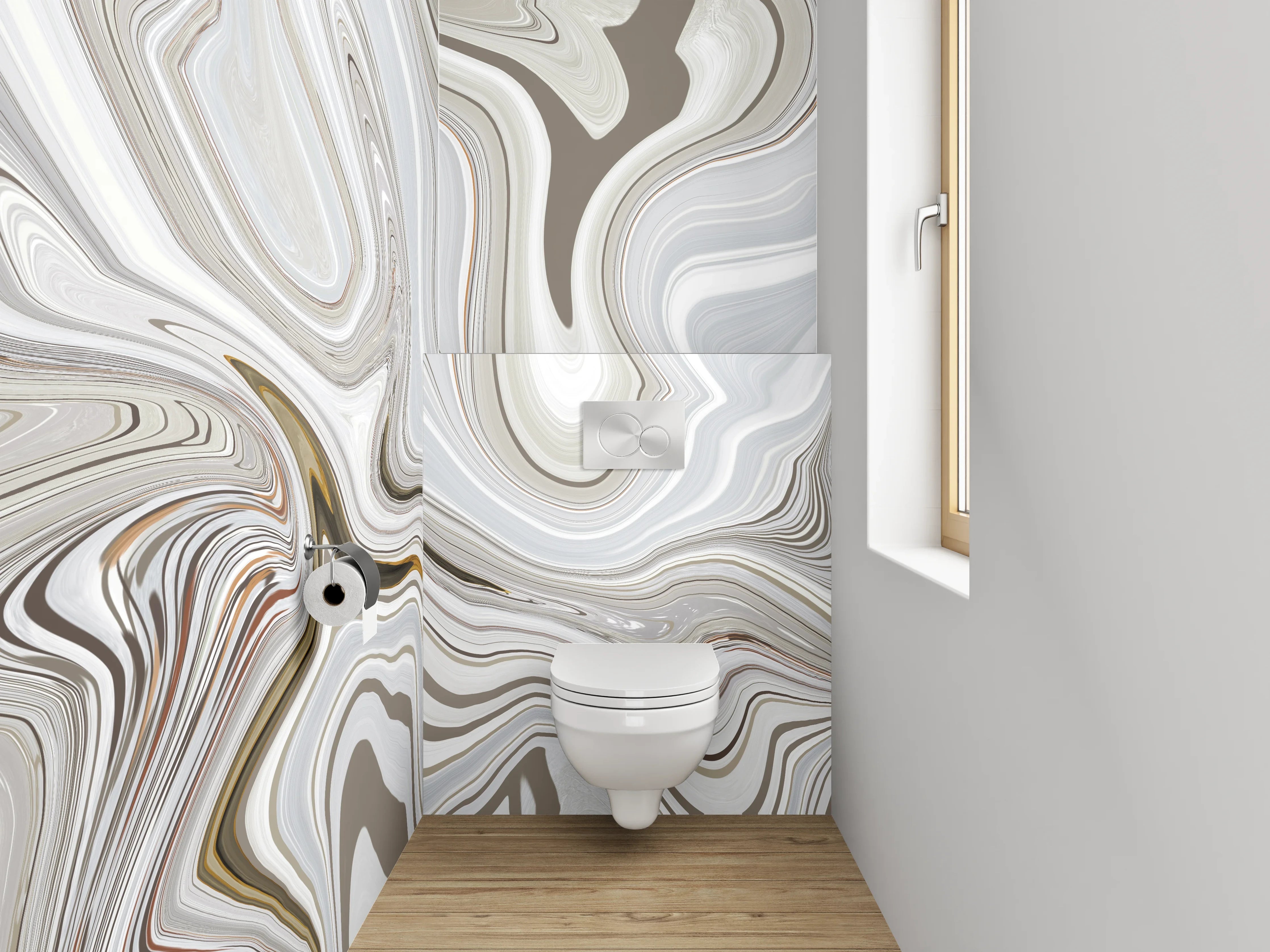 WC-Rückwand - Abstrakter Marmor-Look in Weiß und Beige