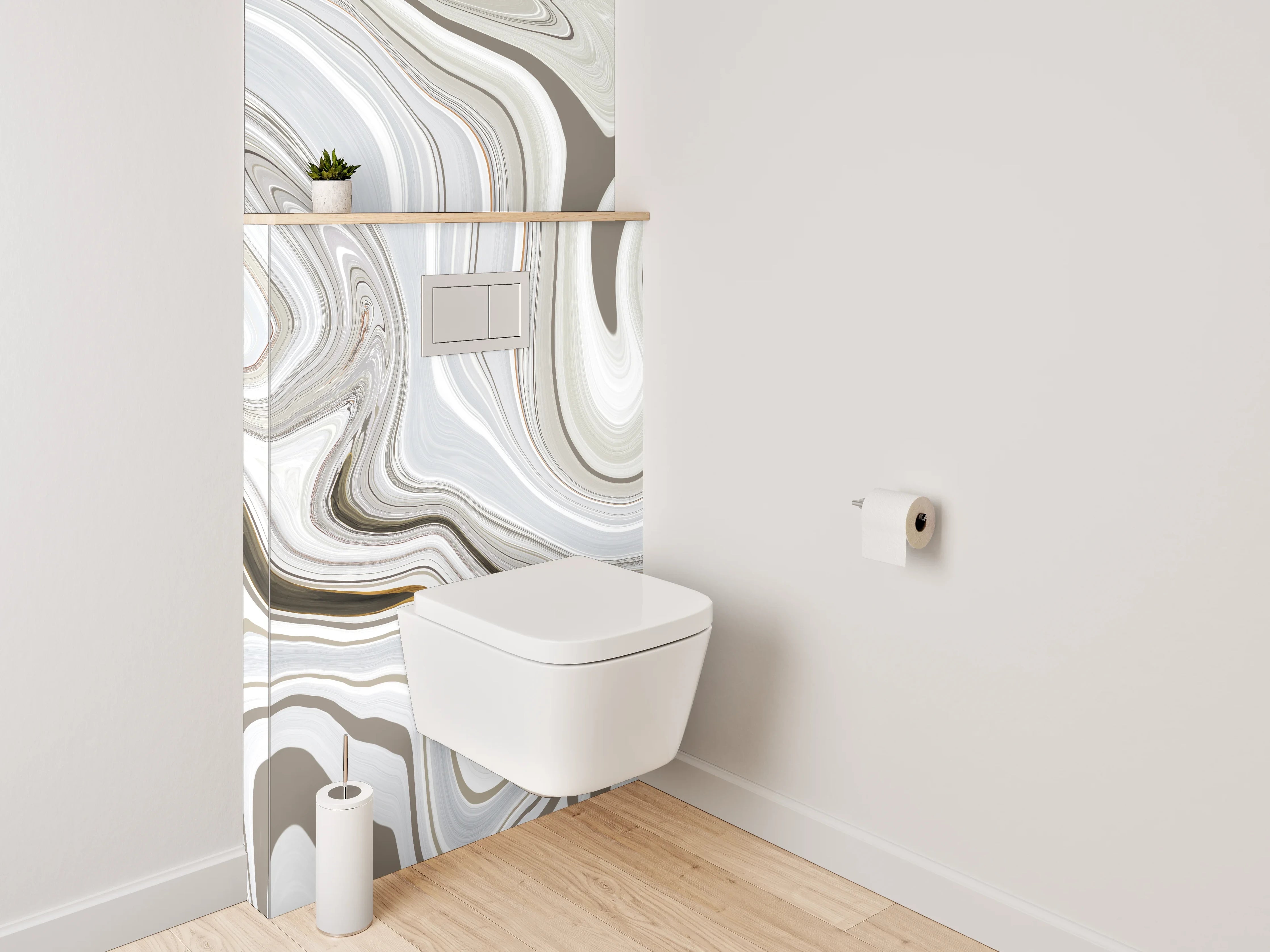 WC-Rückwand - Abstrakter Marmor-Look in Weiß und Beige
