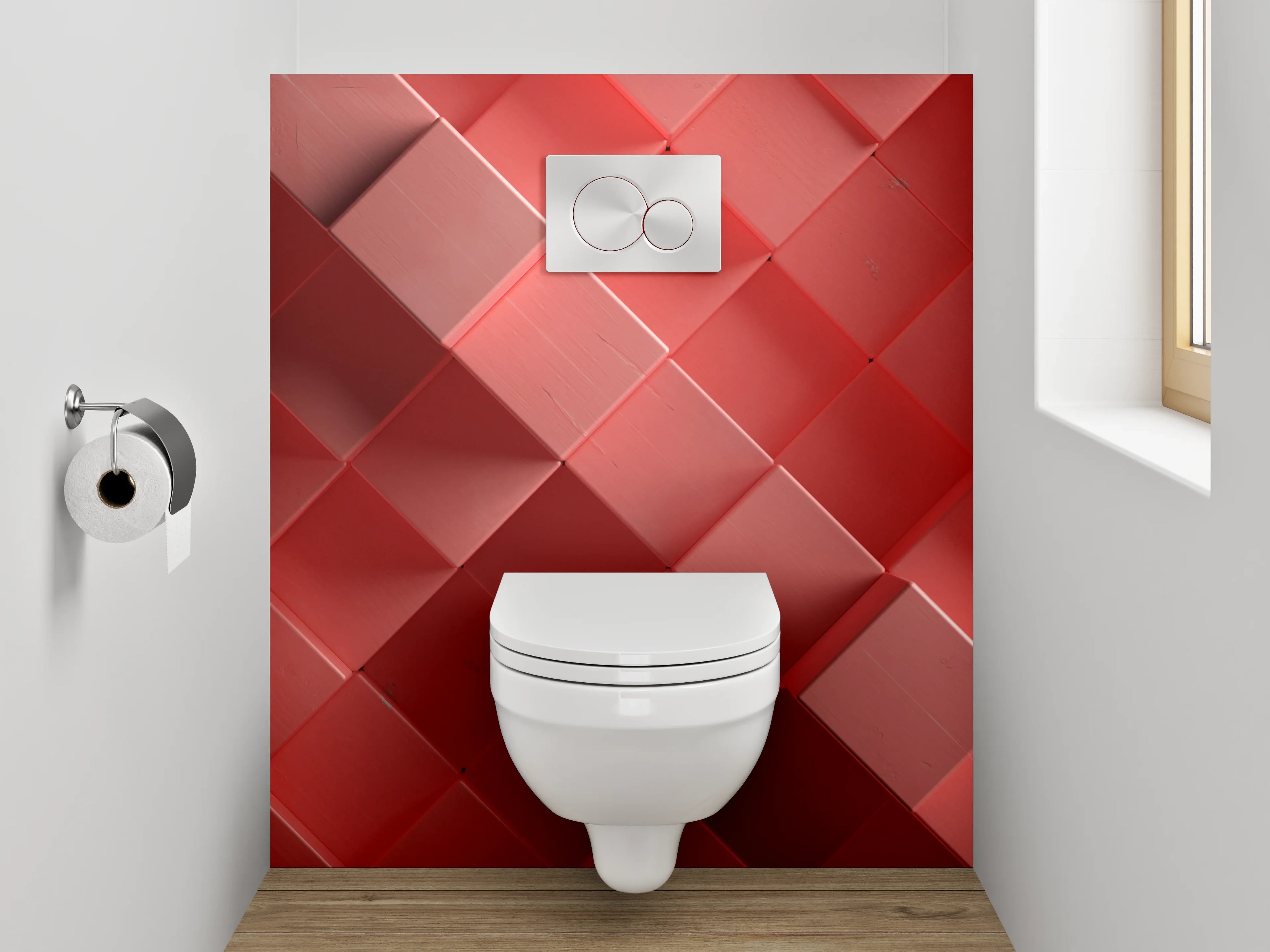 WC-Rückwand - Abstraktes 3D-Würfelmosaik in Rot