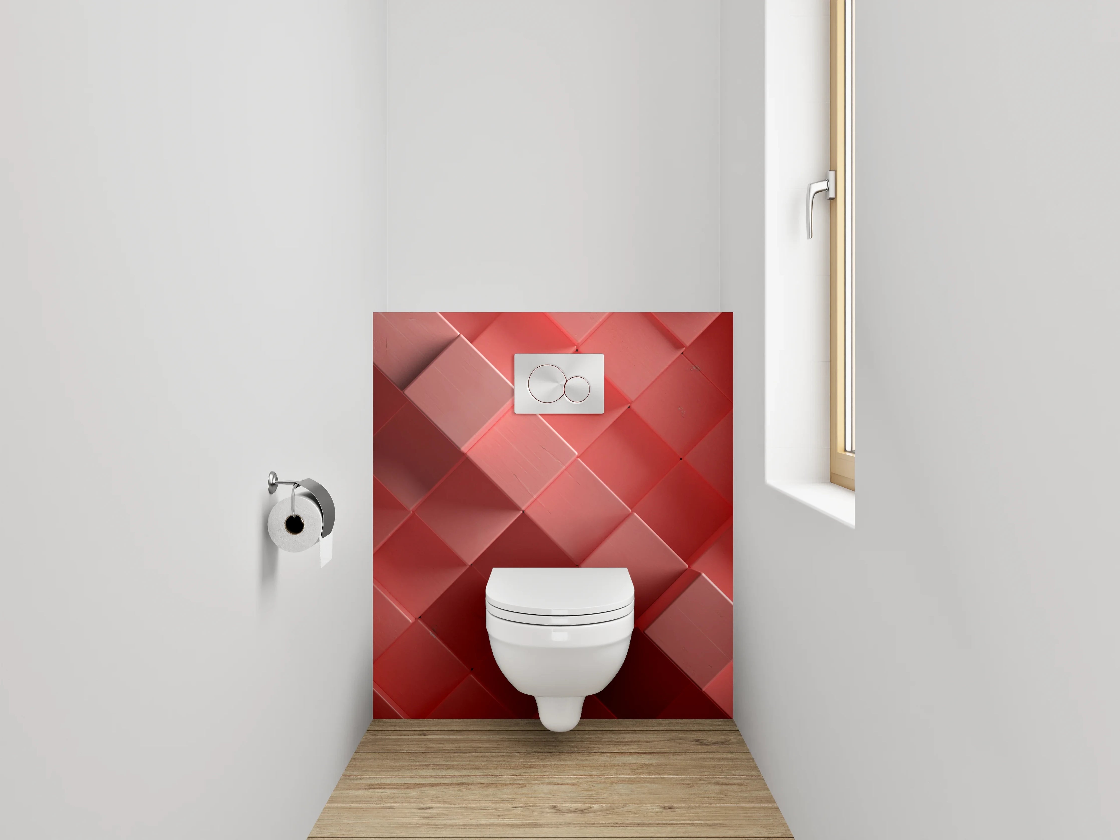 WC-Rückwand - Abstraktes 3D-Würfelmosaik in Rot