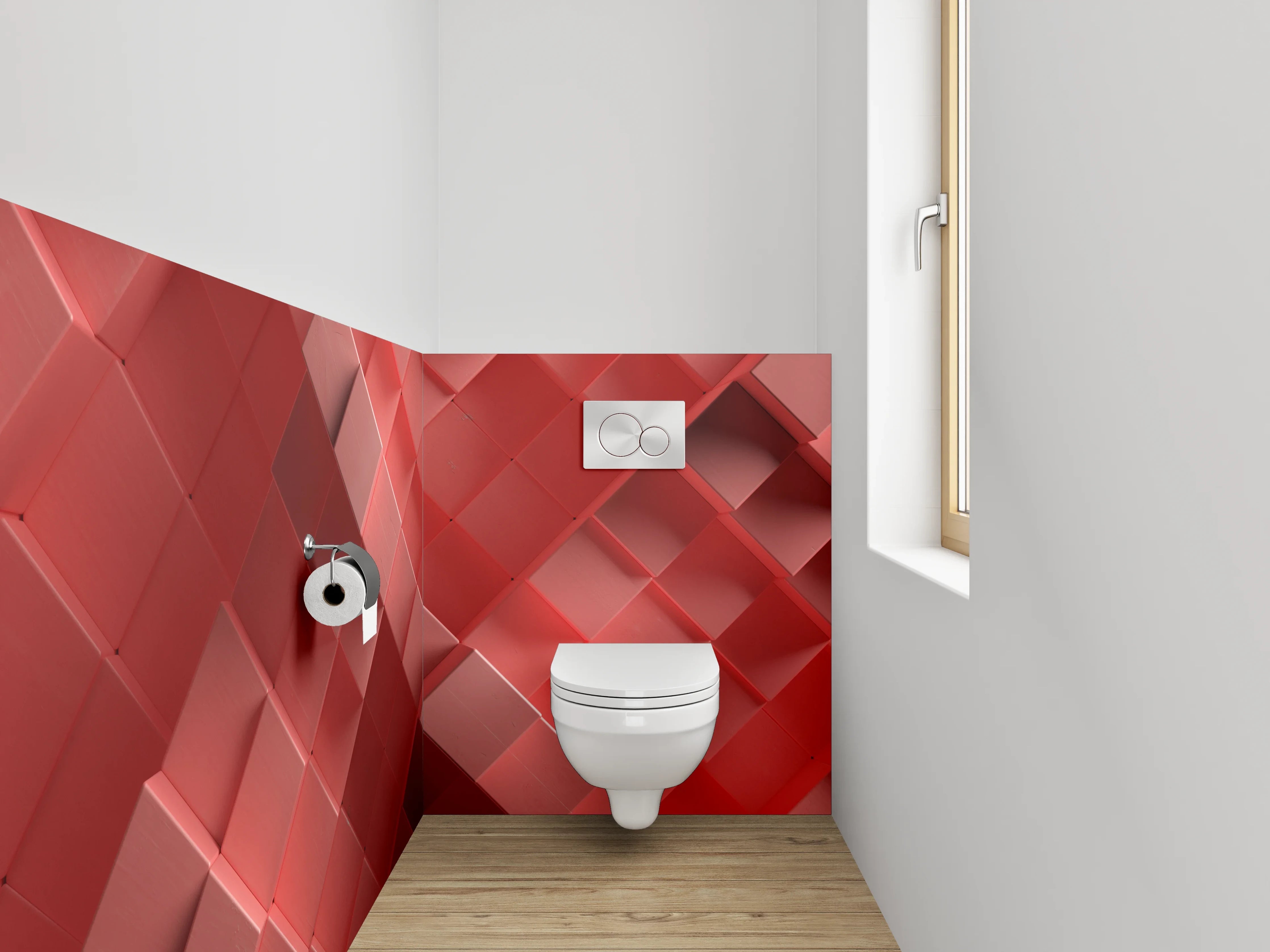 WC-Rückwand - Abstraktes 3D-Würfelmosaik in Rot
