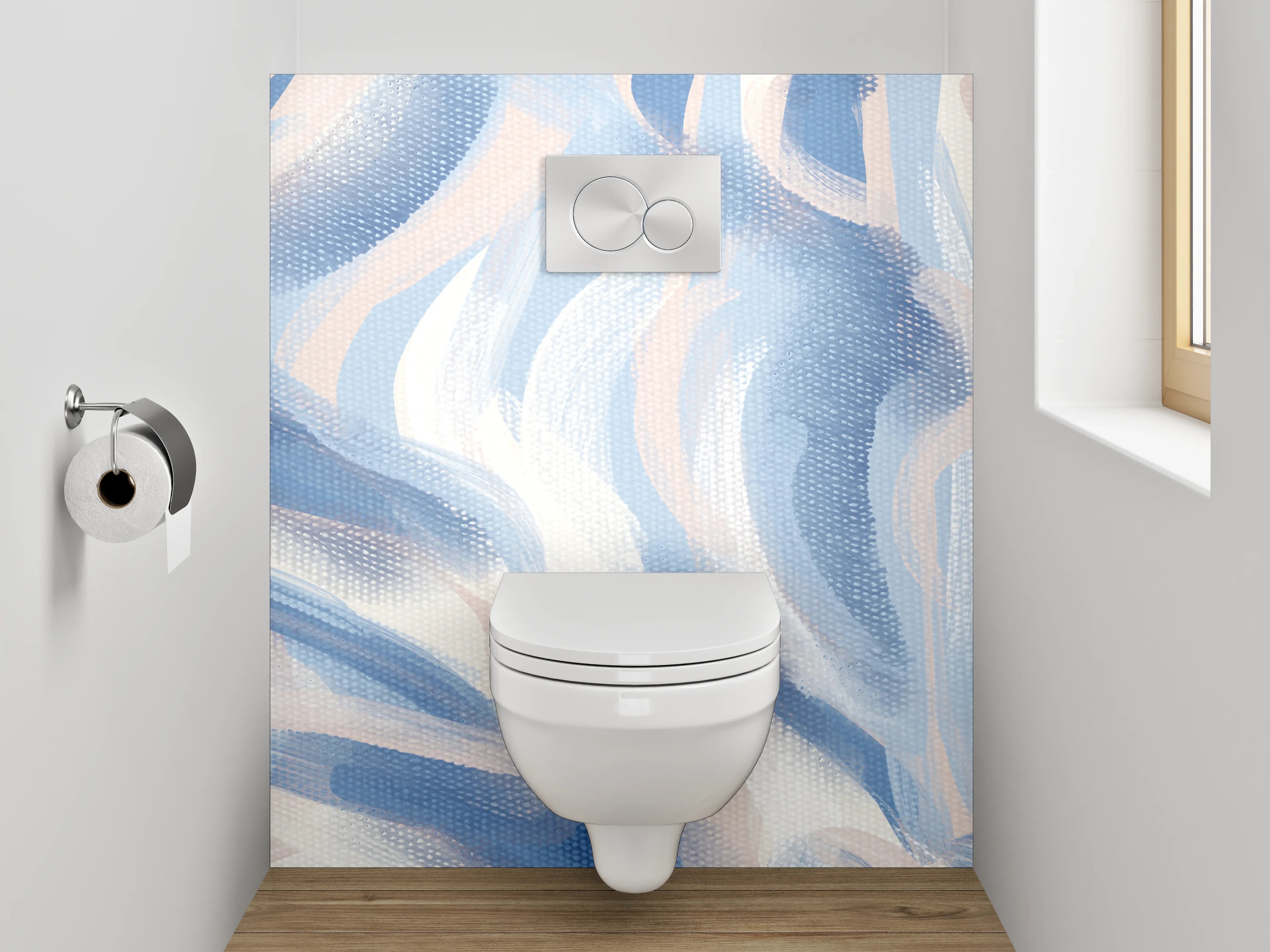 WC-Rückwand - Abstraktes Aquarell in Blau-Beige