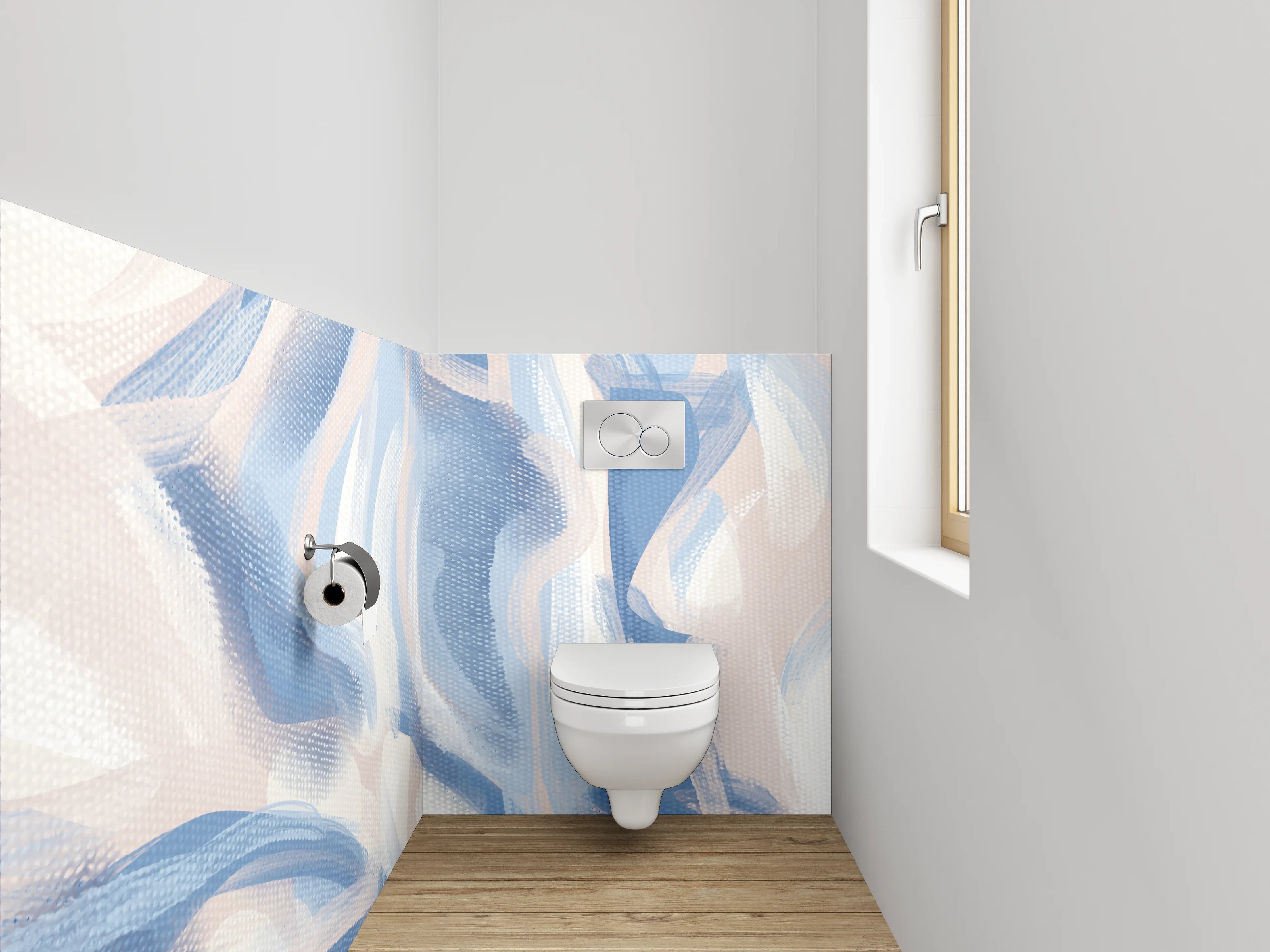 WC-Rückwand - Abstraktes Aquarell in Blau-Beige