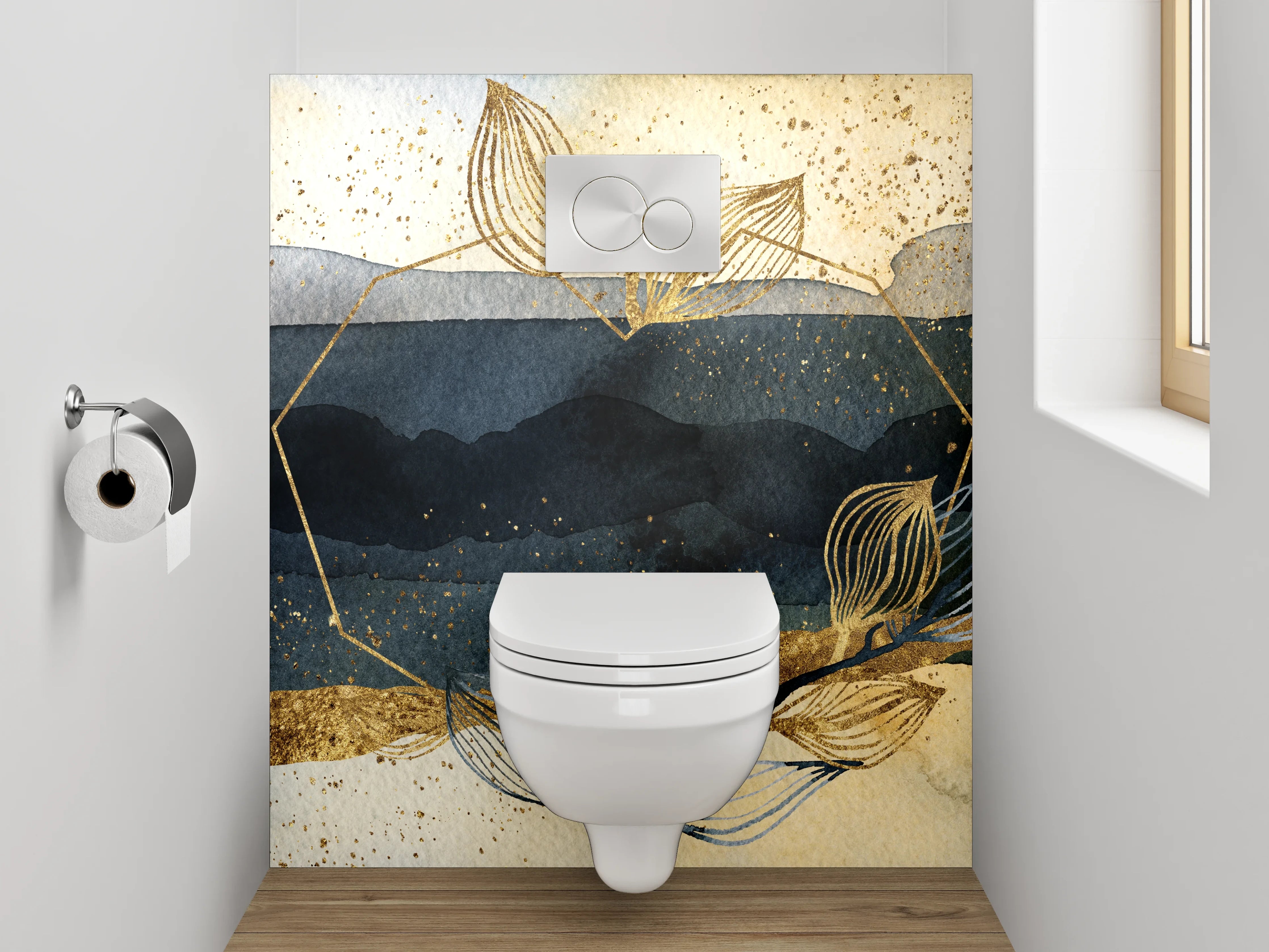 WC-Rückwand - Abstraktes Aquarell in Gold und Blau
