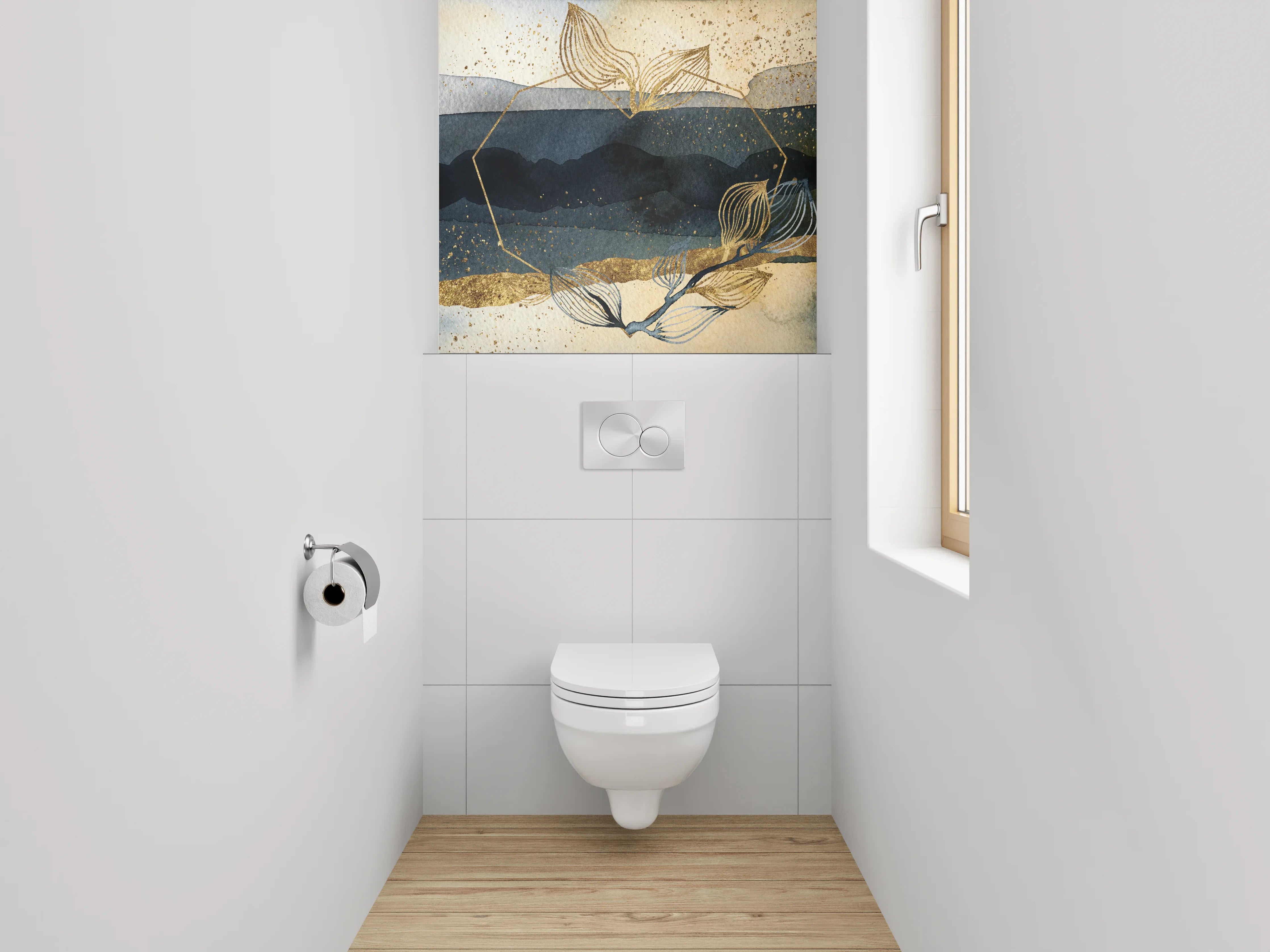 WC-Rückwand - Abstraktes Aquarell in Gold und Blau
