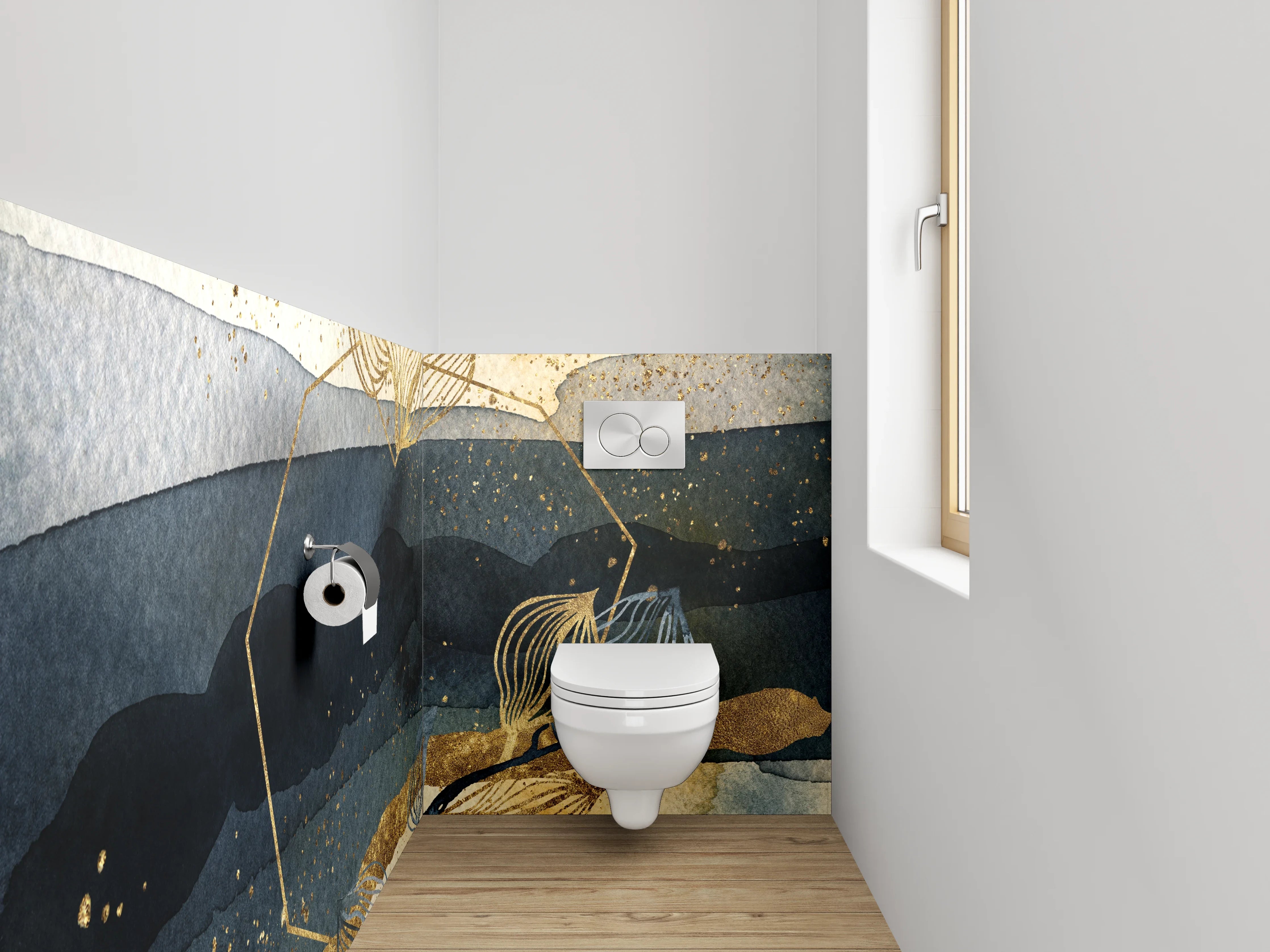 WC-Rückwand - Abstraktes Aquarell in Gold und Blau