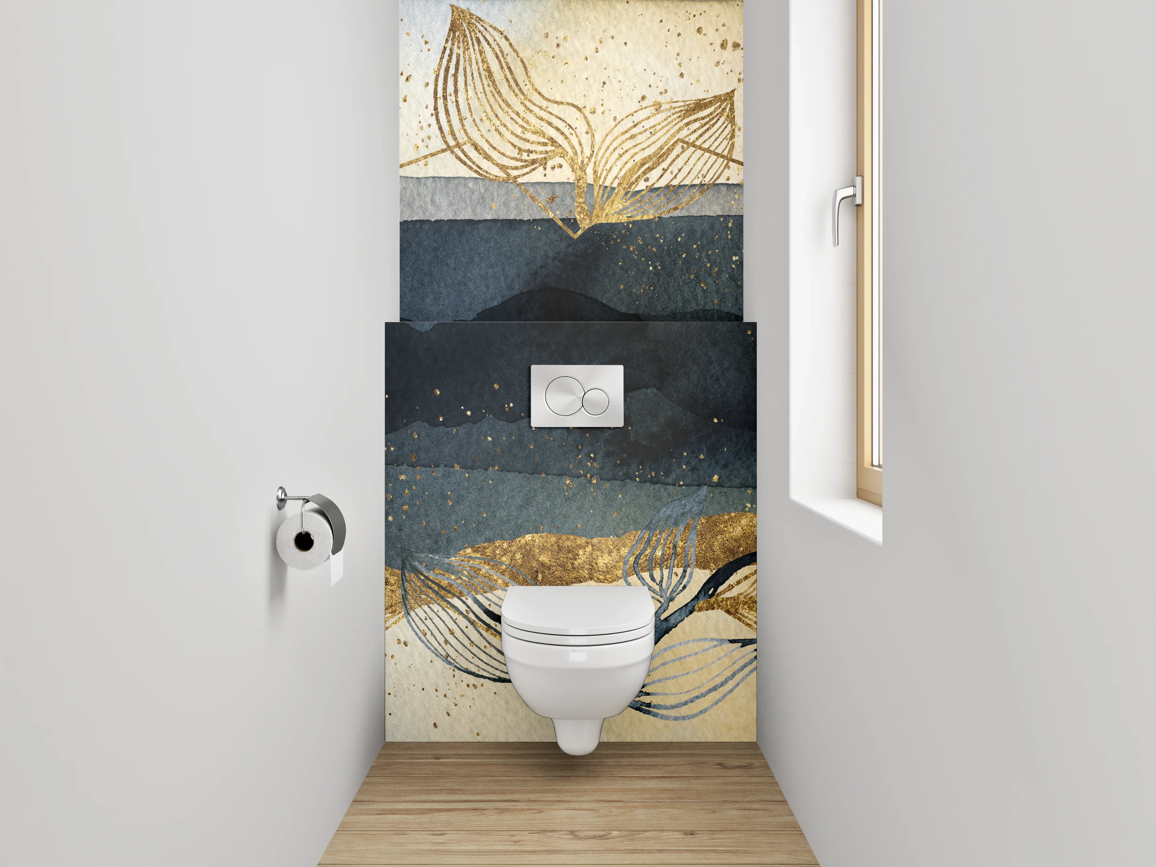 WC-Rückwand - Abstraktes Aquarell in Gold und Blau
