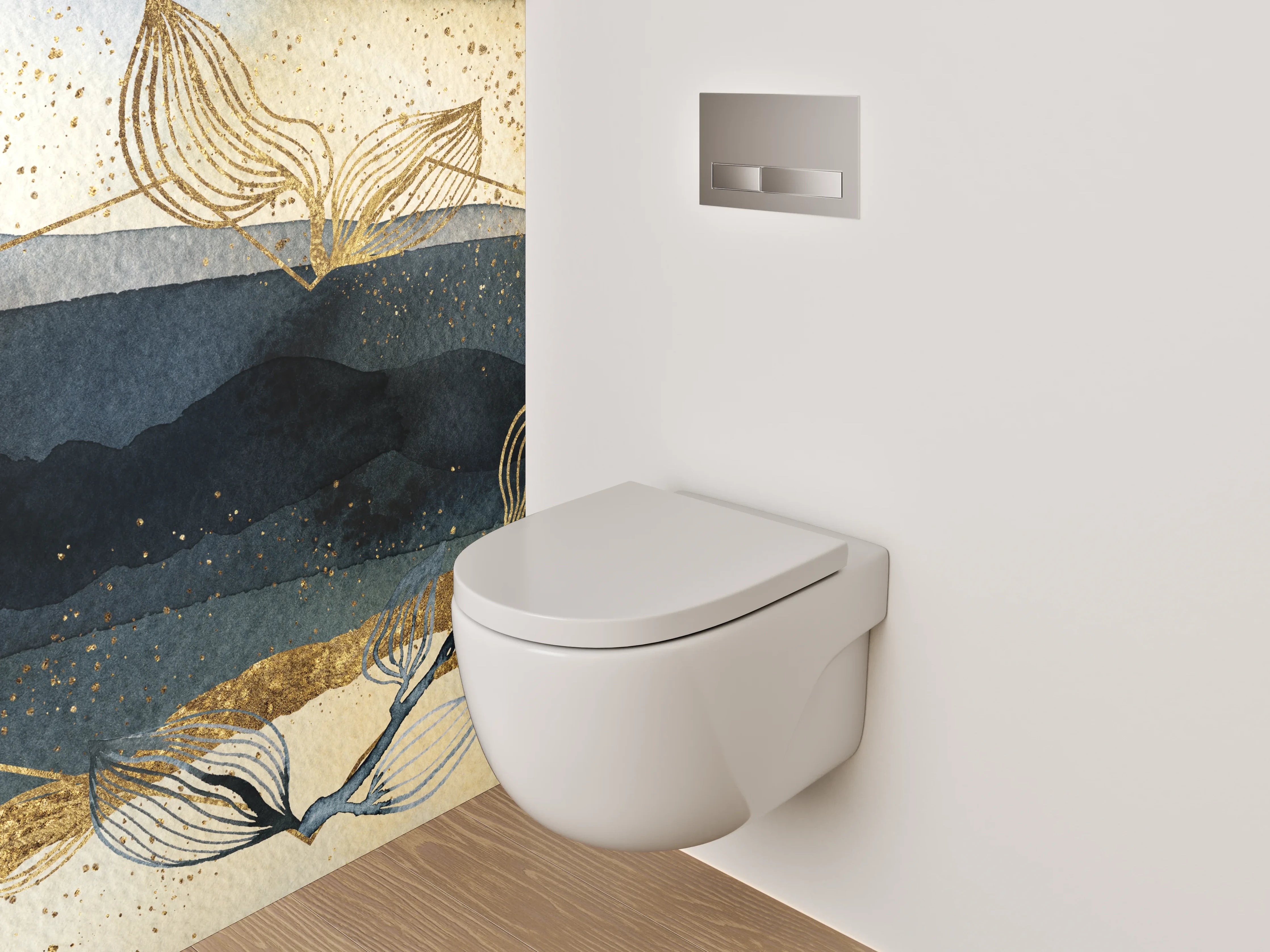 WC-Rückwand - Abstraktes Aquarell in Gold und Blau