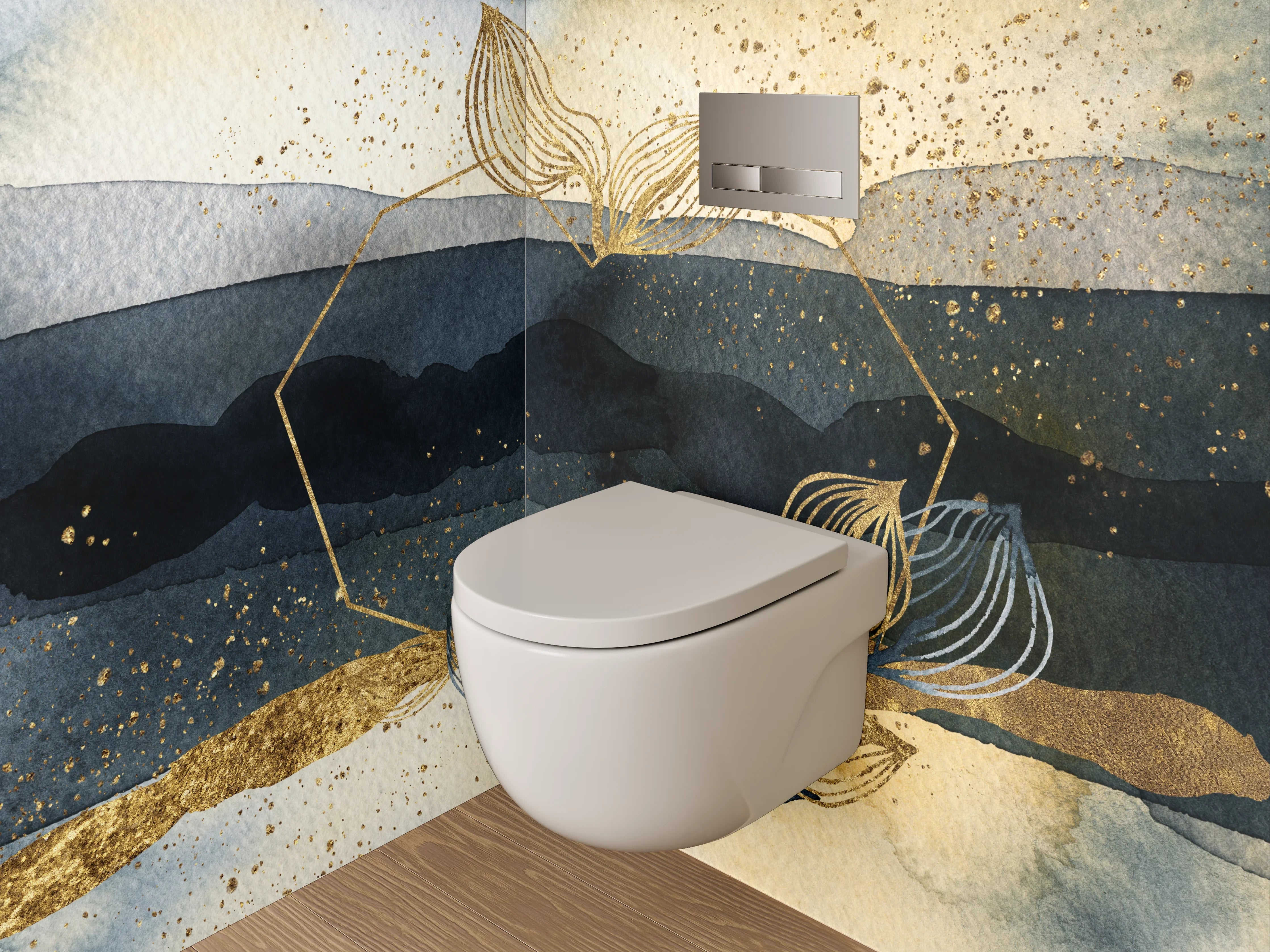 WC-Rückwand - Abstraktes Aquarell in Gold und Blau