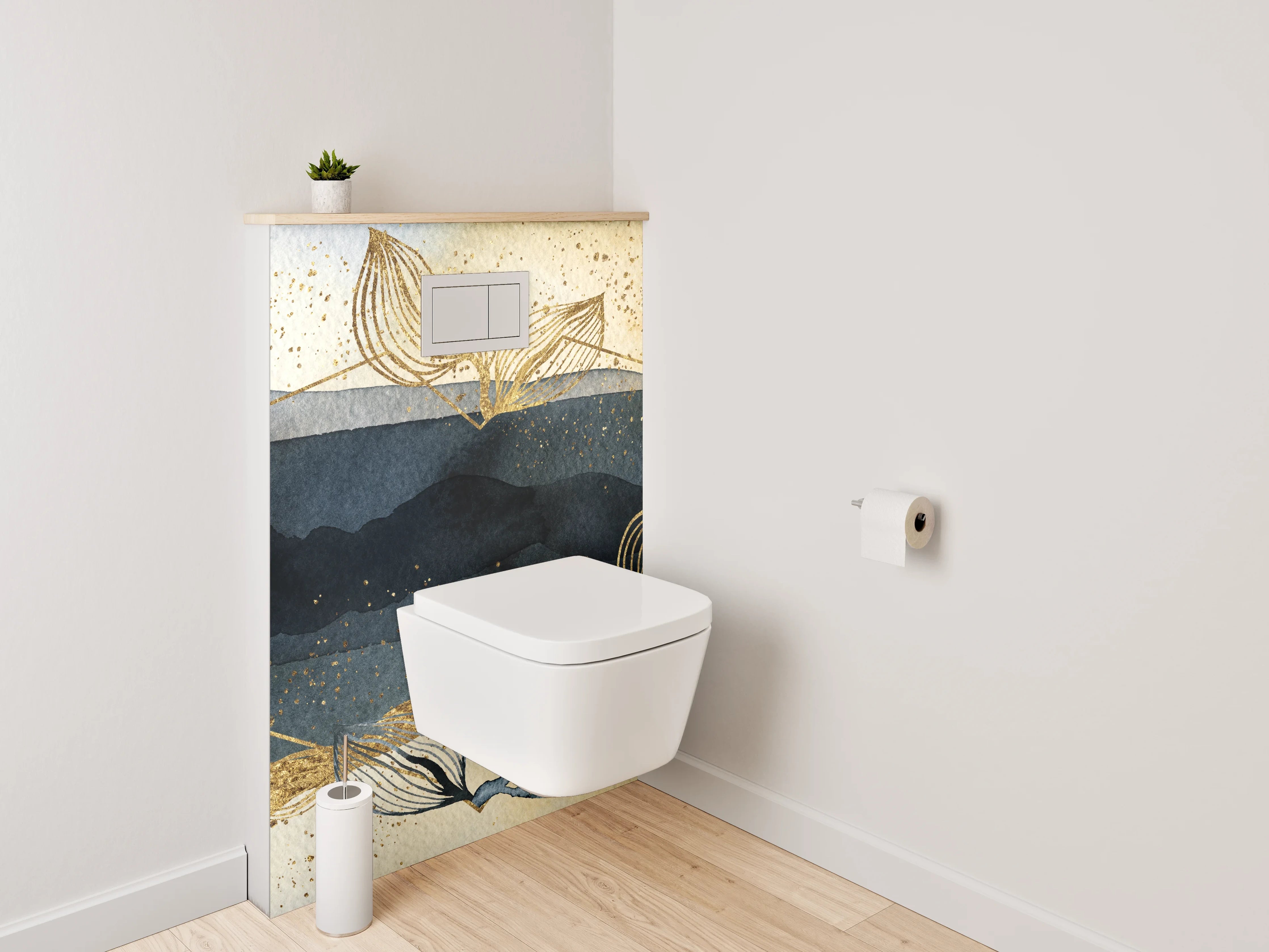 WC-Rückwand - Abstraktes Aquarell in Gold und Blau