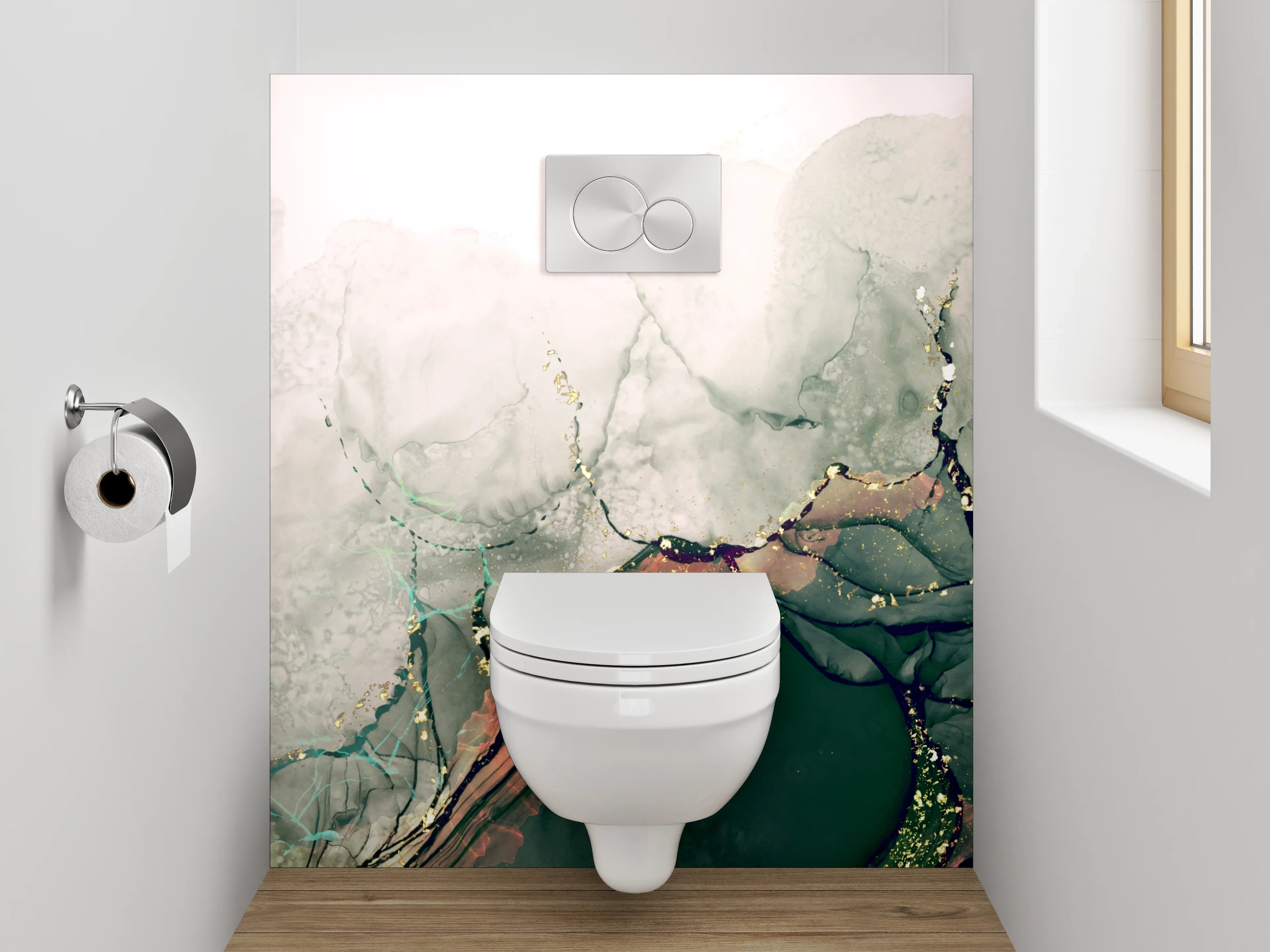 WC-Rückwand - Abstraktes Aquarell in Grün und Gold