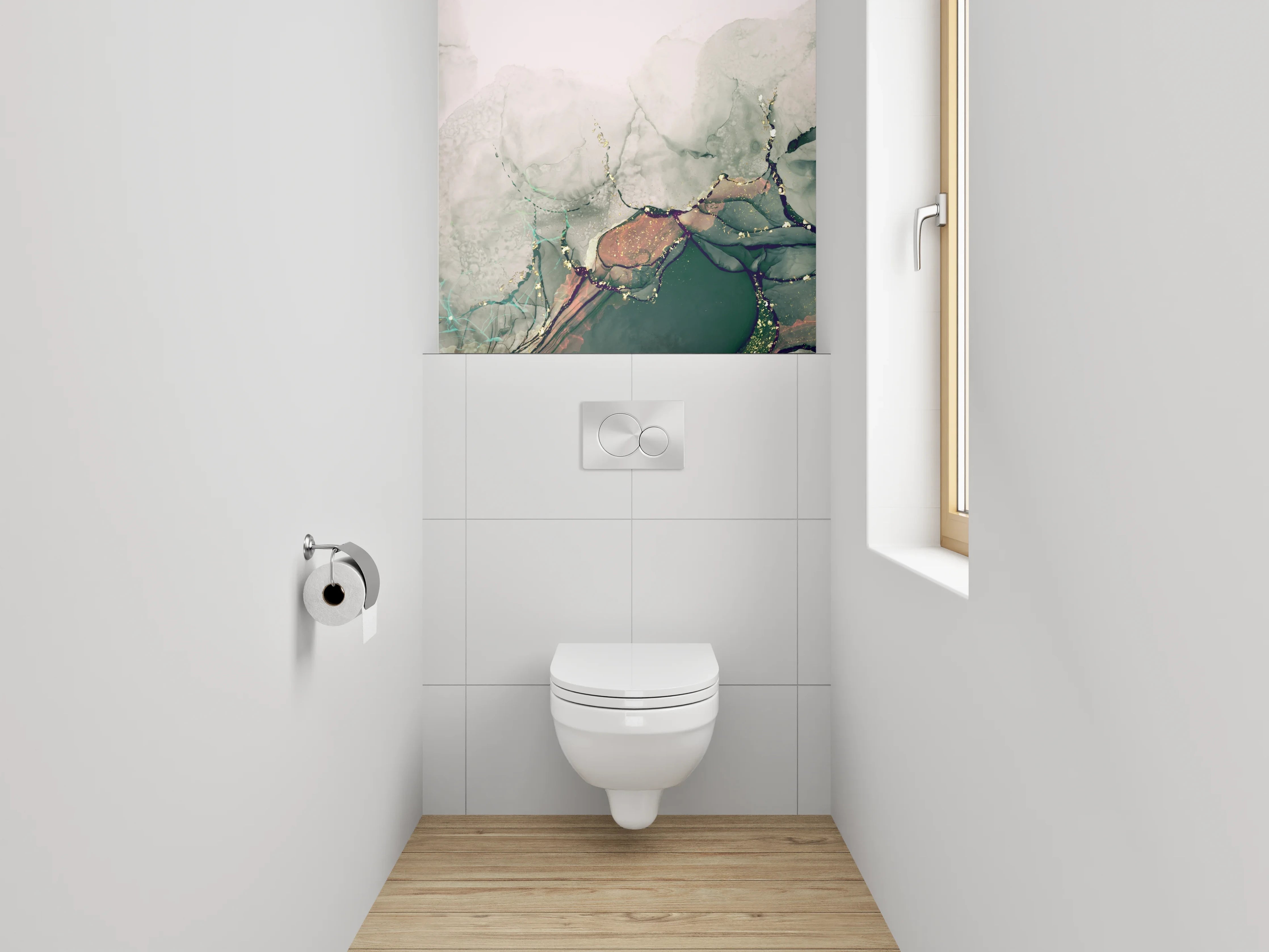 WC-Rückwand - Abstraktes Aquarell in Grün und Gold