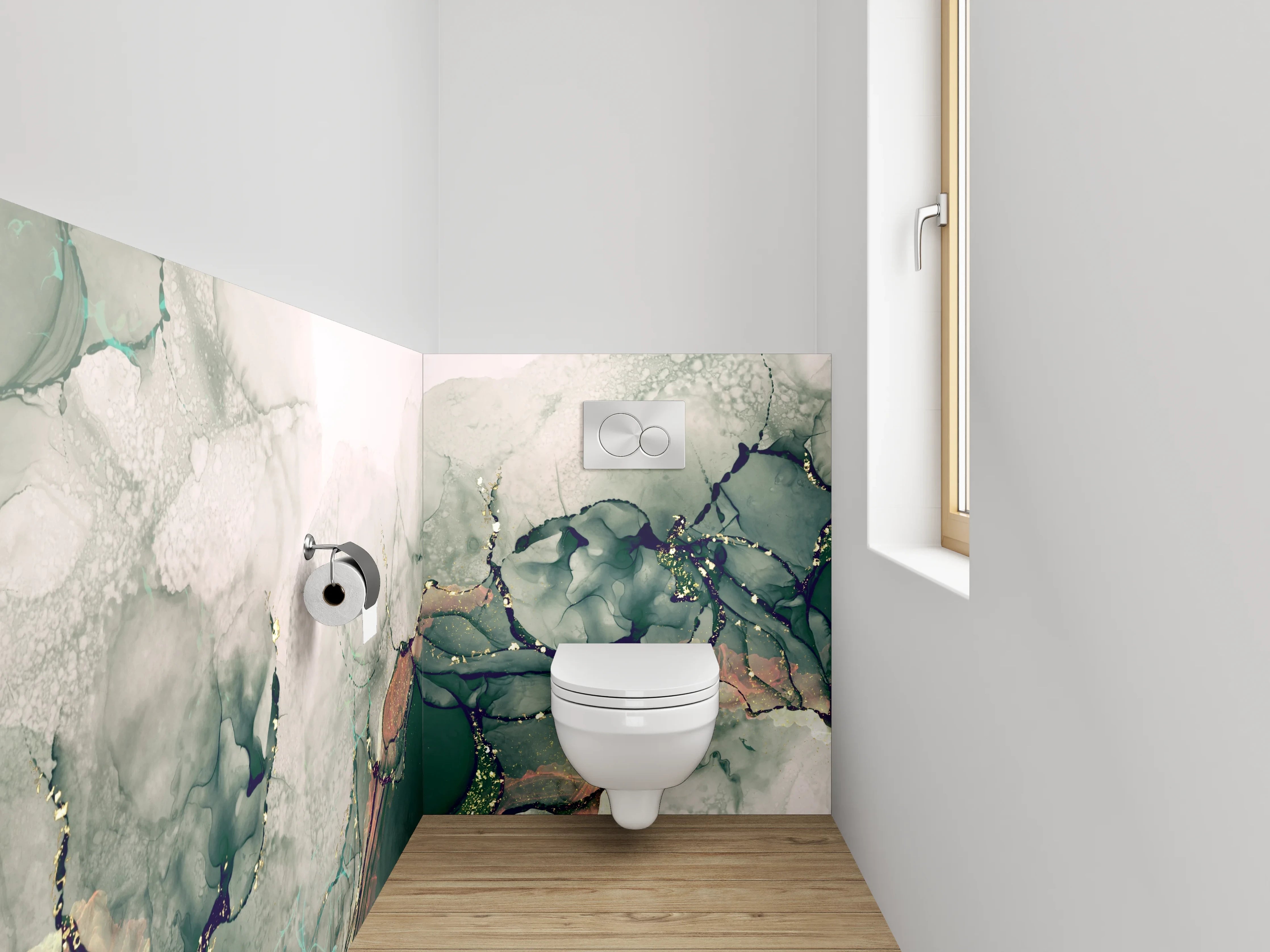 WC-Rückwand - Abstraktes Aquarell in Grün und Gold