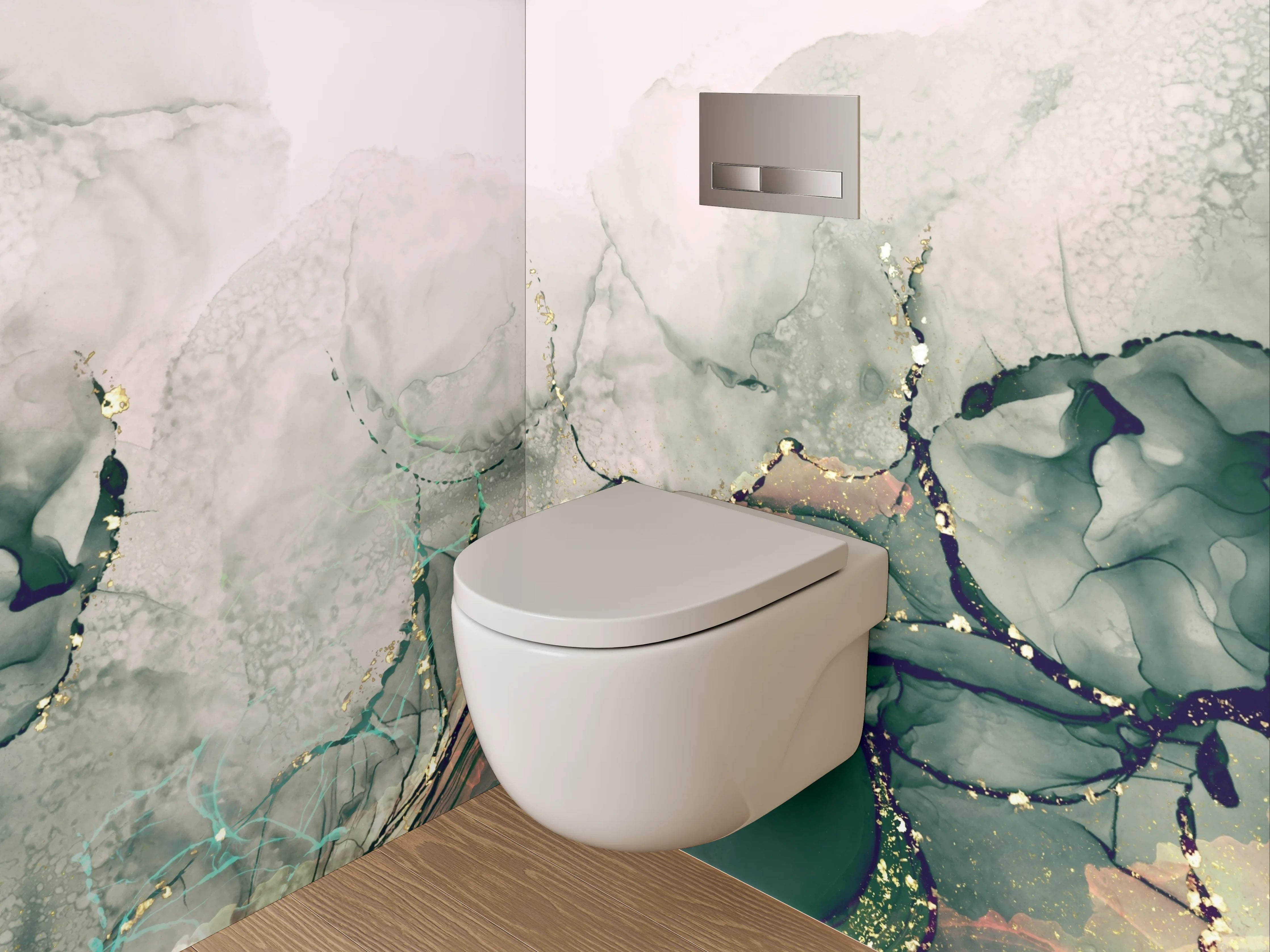 WC-Rückwand - Abstraktes Aquarell in Grün und Gold