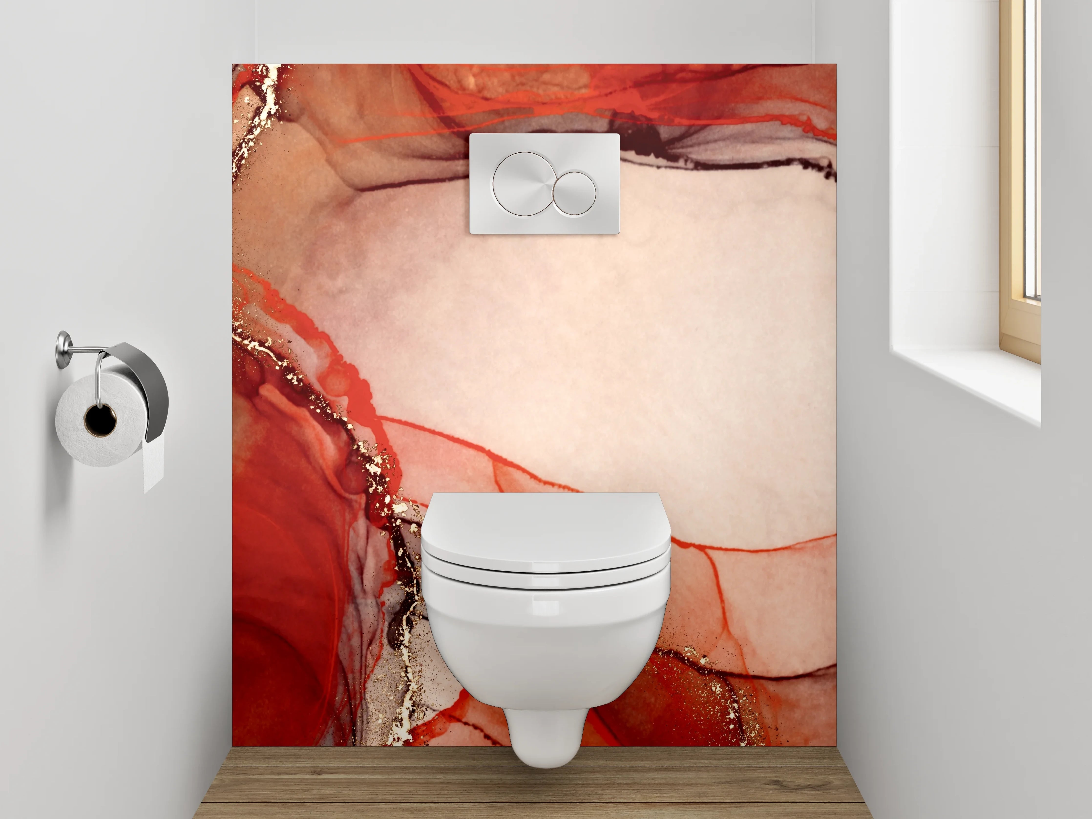 WC-Rückwand - Abstraktes Aquarell in Rot und Gold