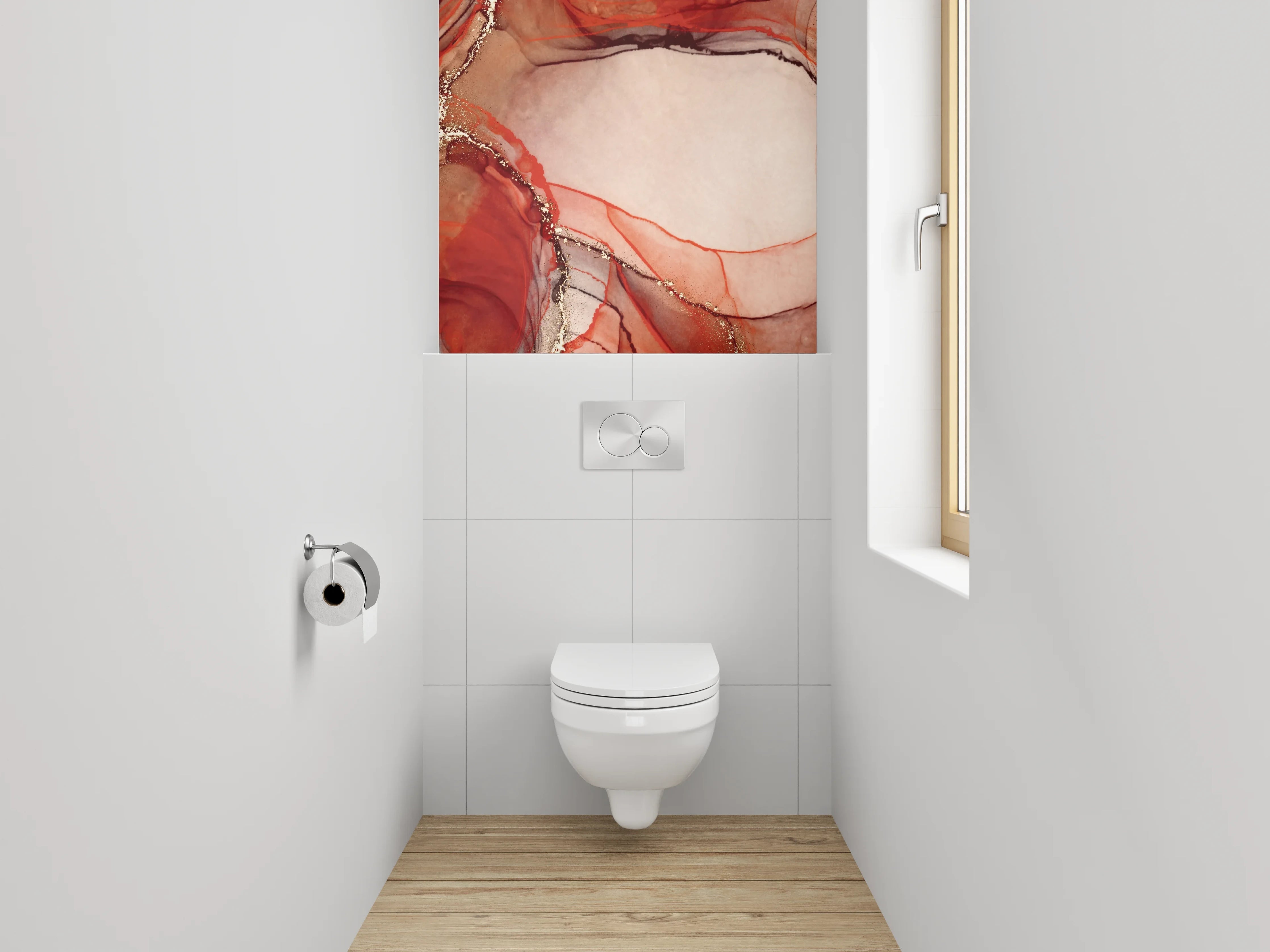 WC-Rückwand - Abstraktes Aquarell in Rot und Gold