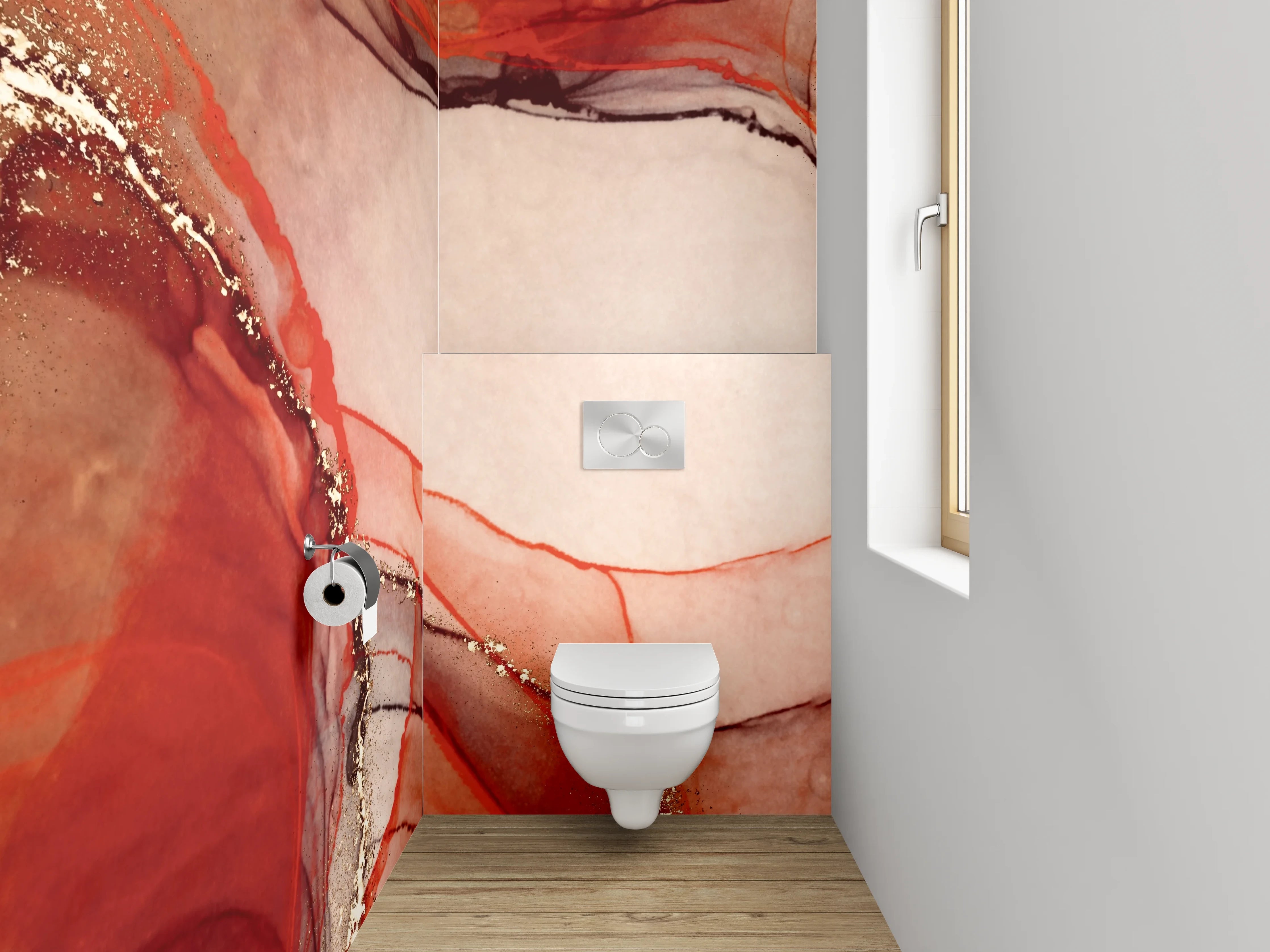 WC-Rückwand - Abstraktes Aquarell in Rot und Gold