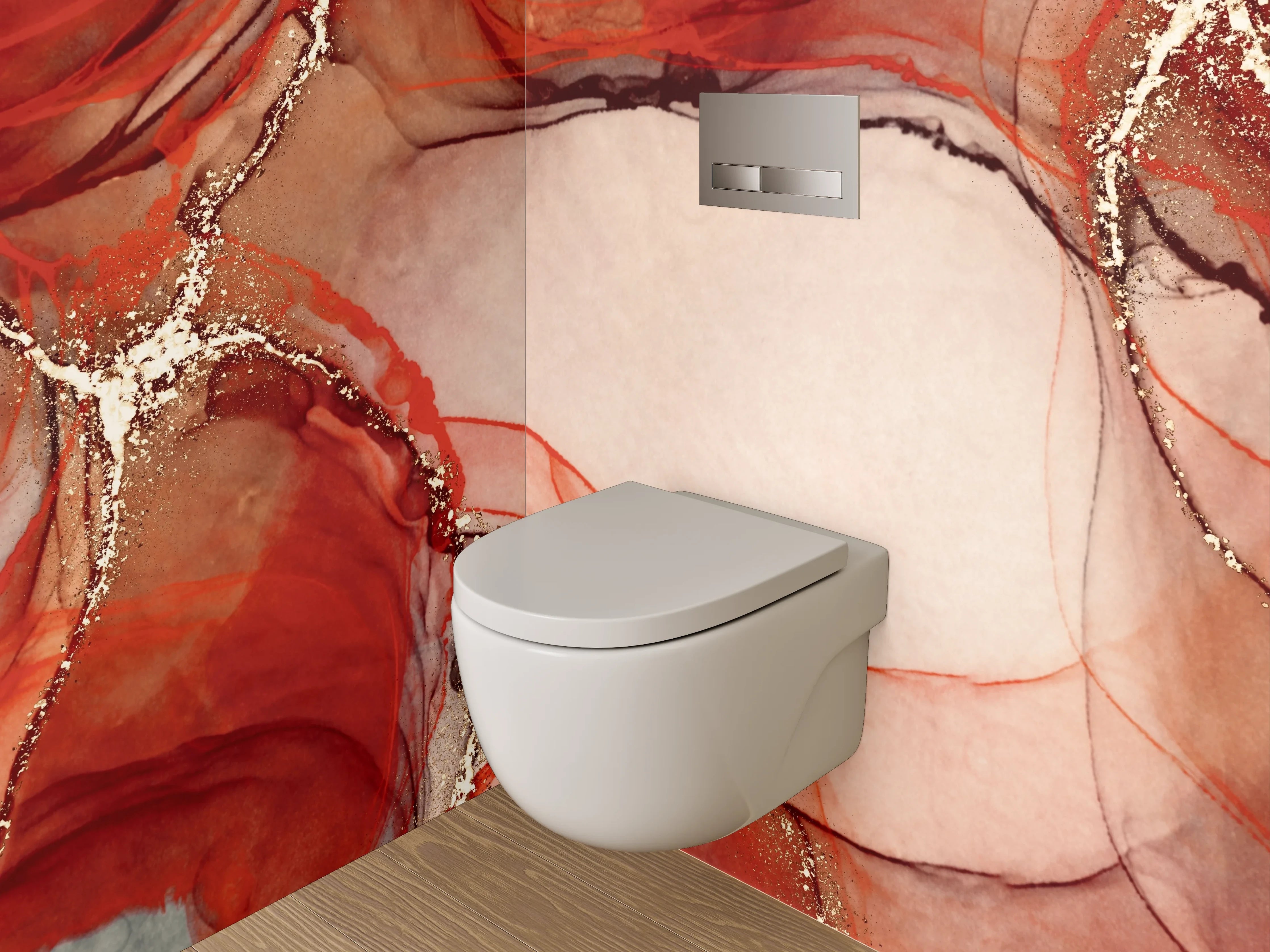WC-Rückwand - Abstraktes Aquarell in Rot und Gold