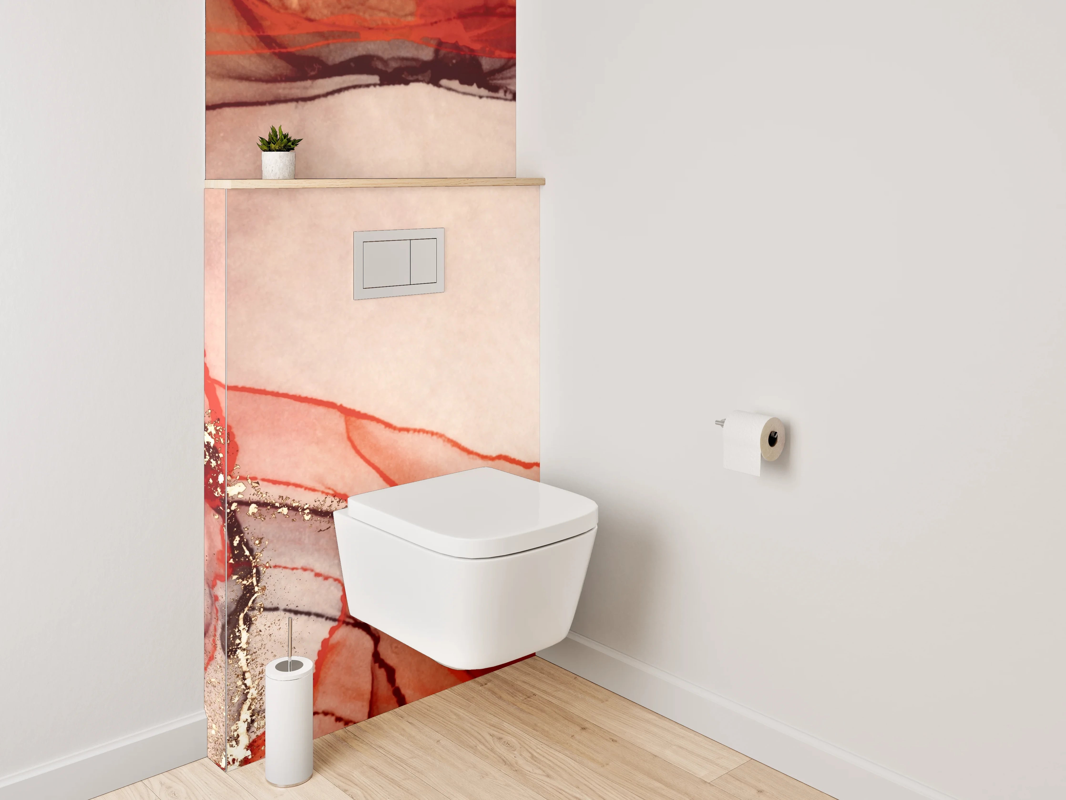 WC-Rückwand - Abstraktes Aquarell in Rot und Gold