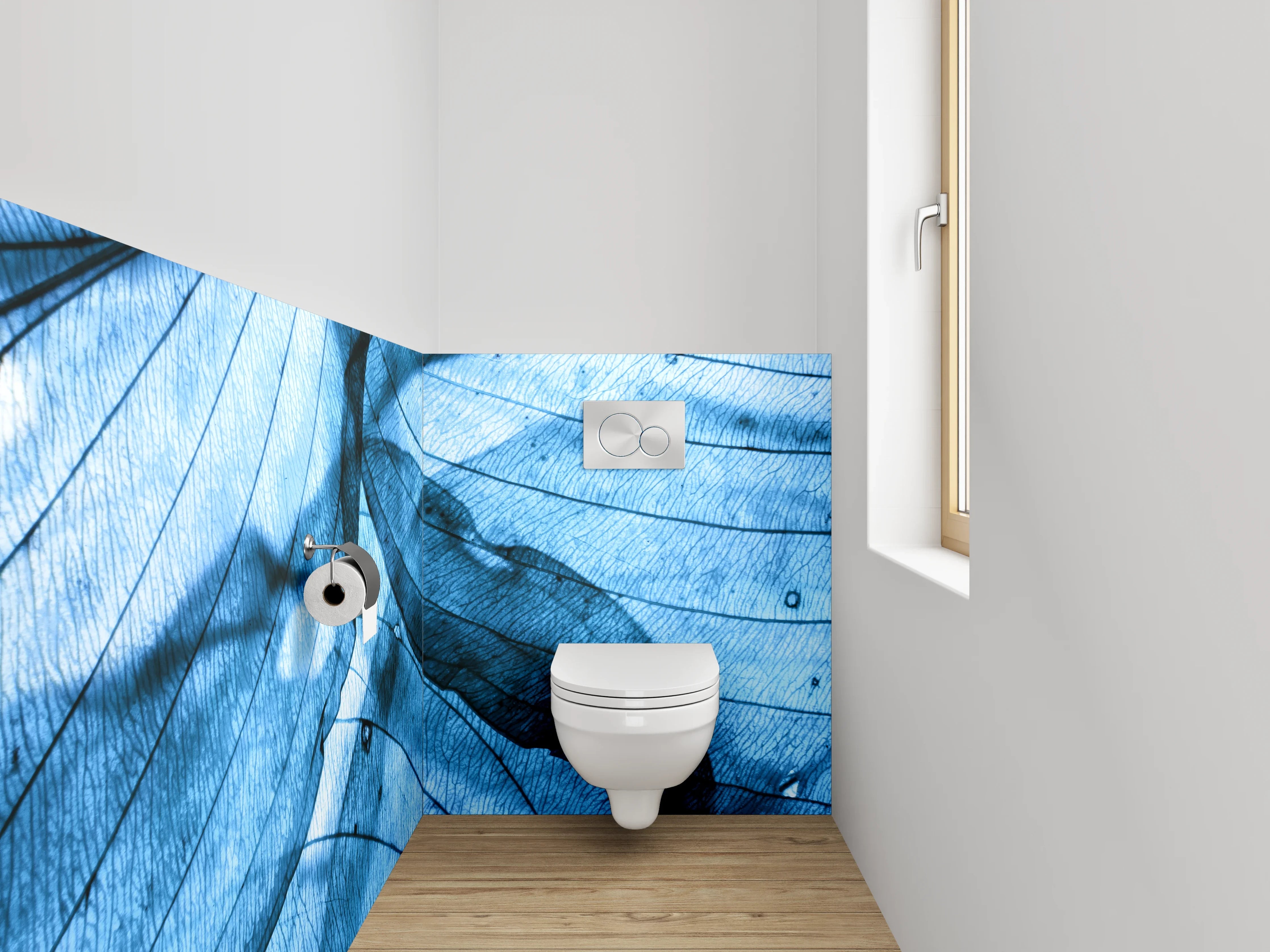 WC-Rückwand - Abstraktes Blattmuster in Blautönen