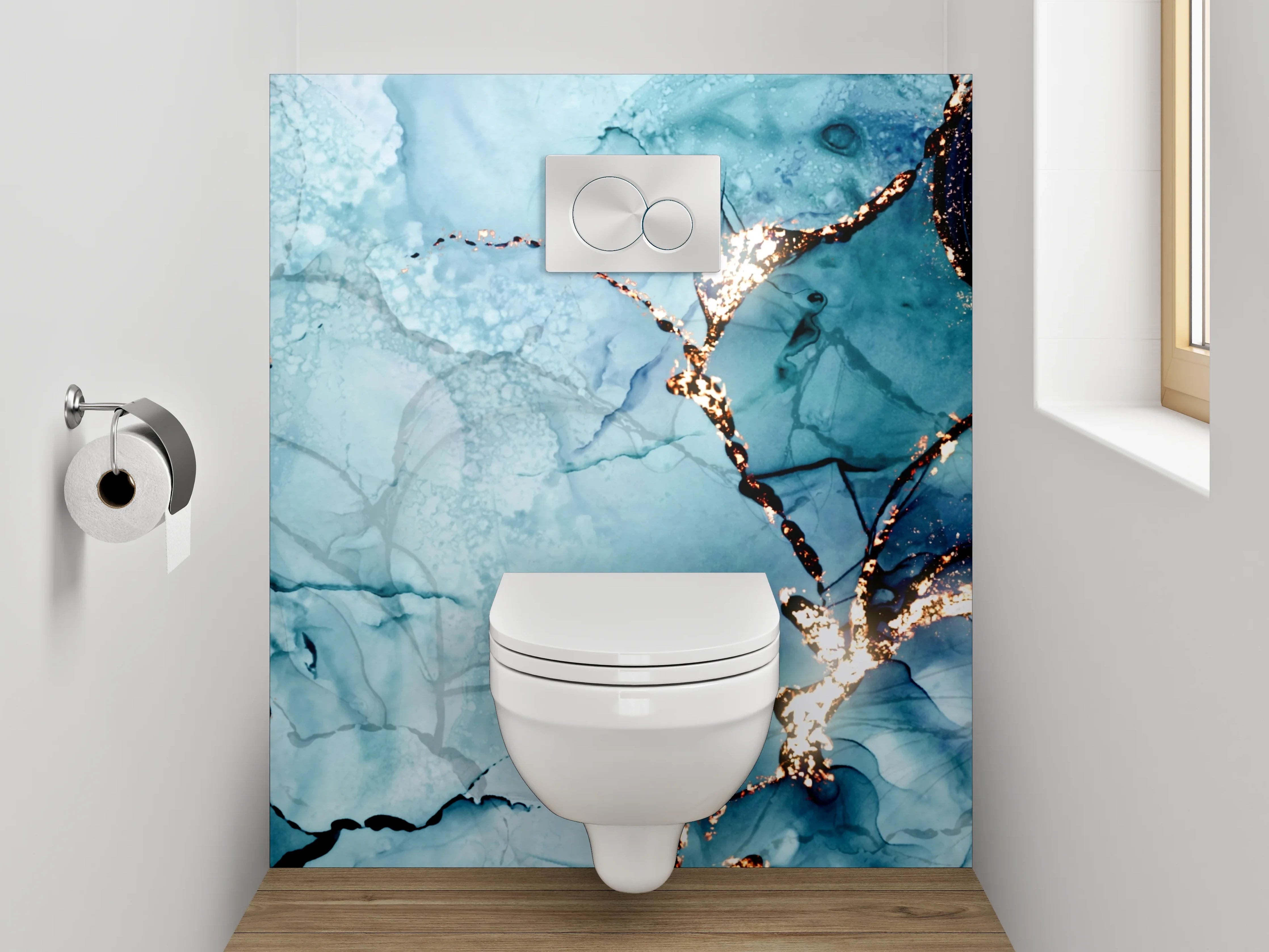 WC-Rückwand - Abstraktes Blau-Gold Aquarell