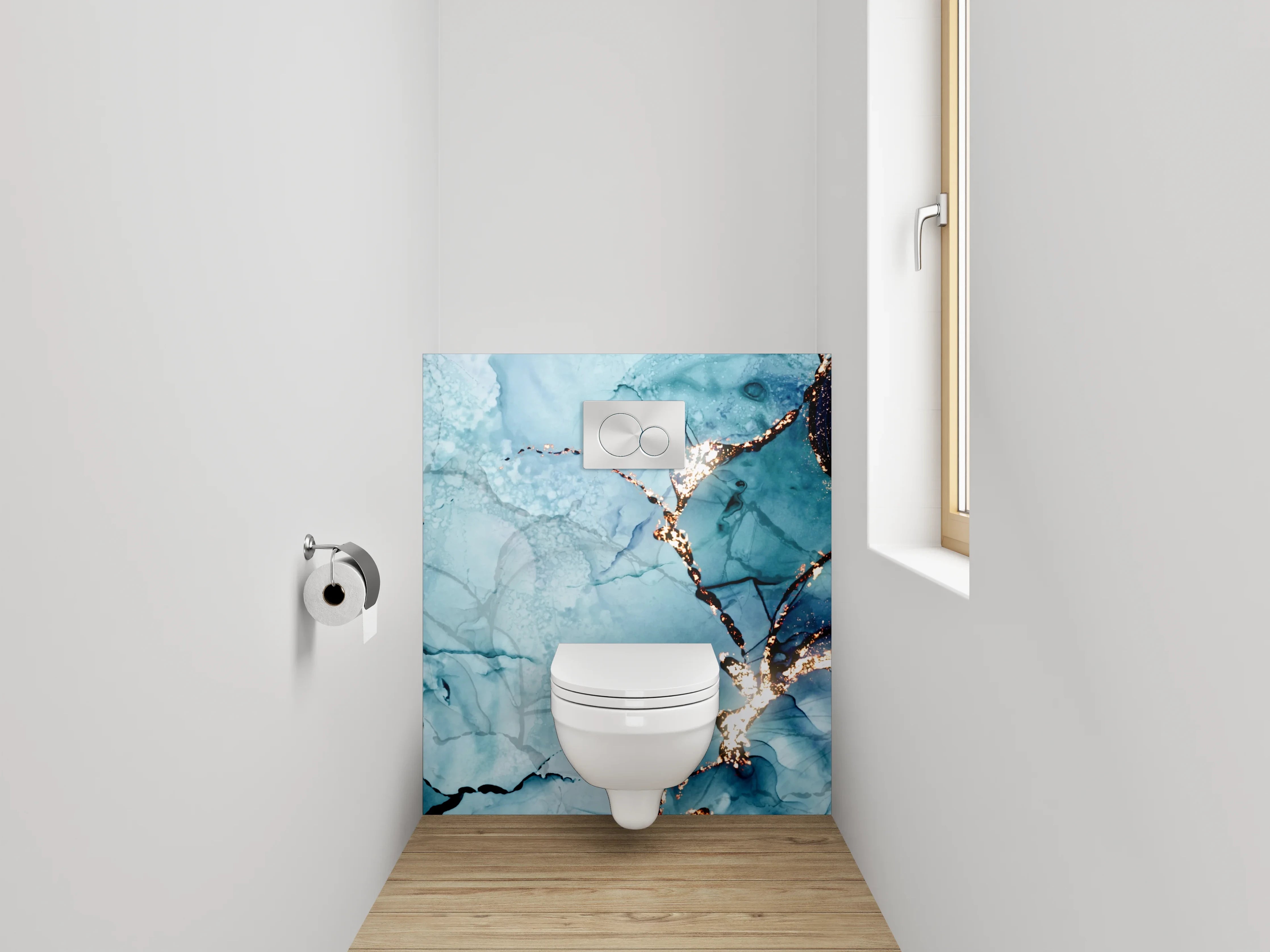 WC-Rückwand - Abstraktes Blau-Gold Aquarell