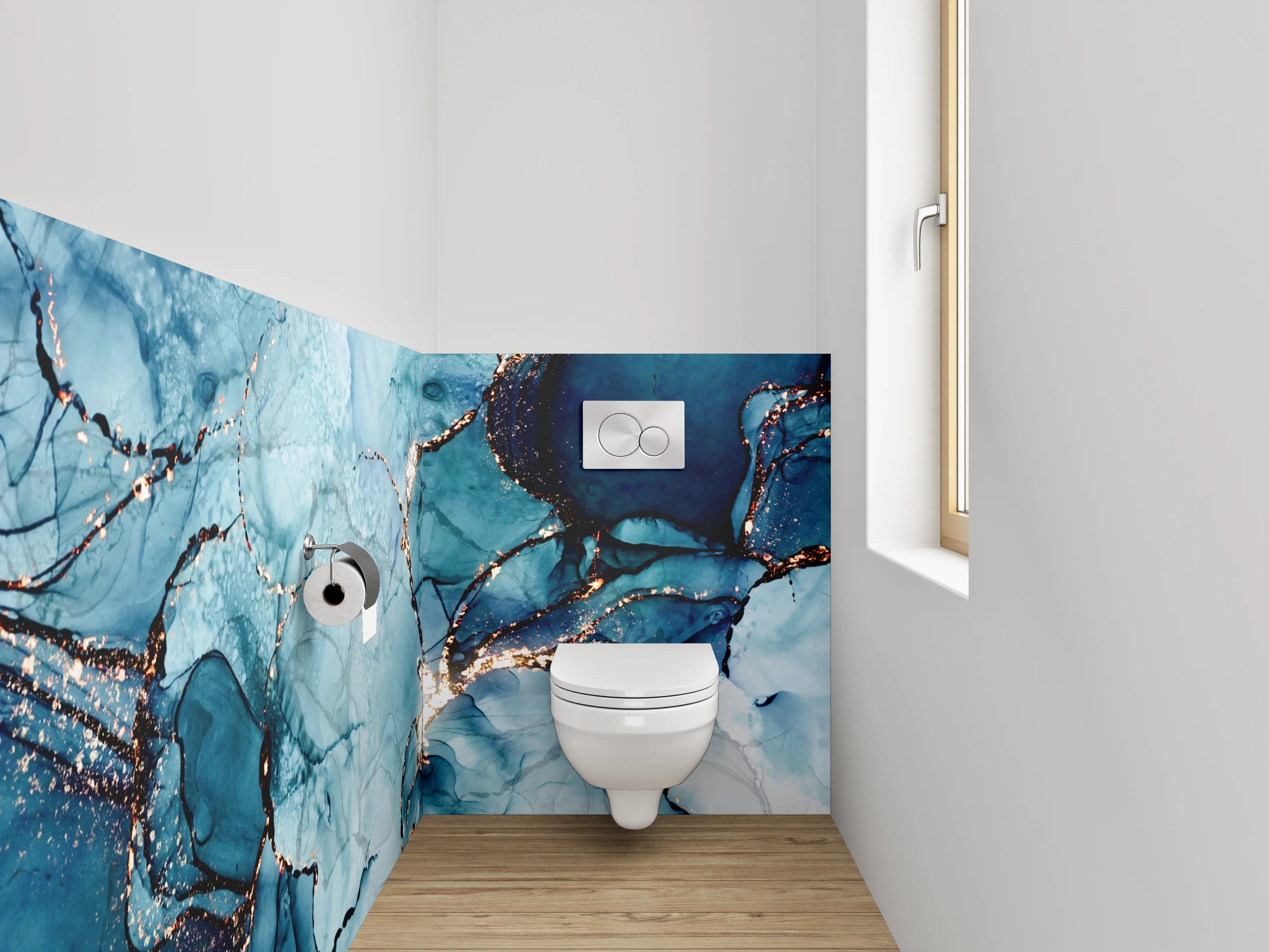 WC-Rückwand - Abstraktes Blau-Gold Aquarell