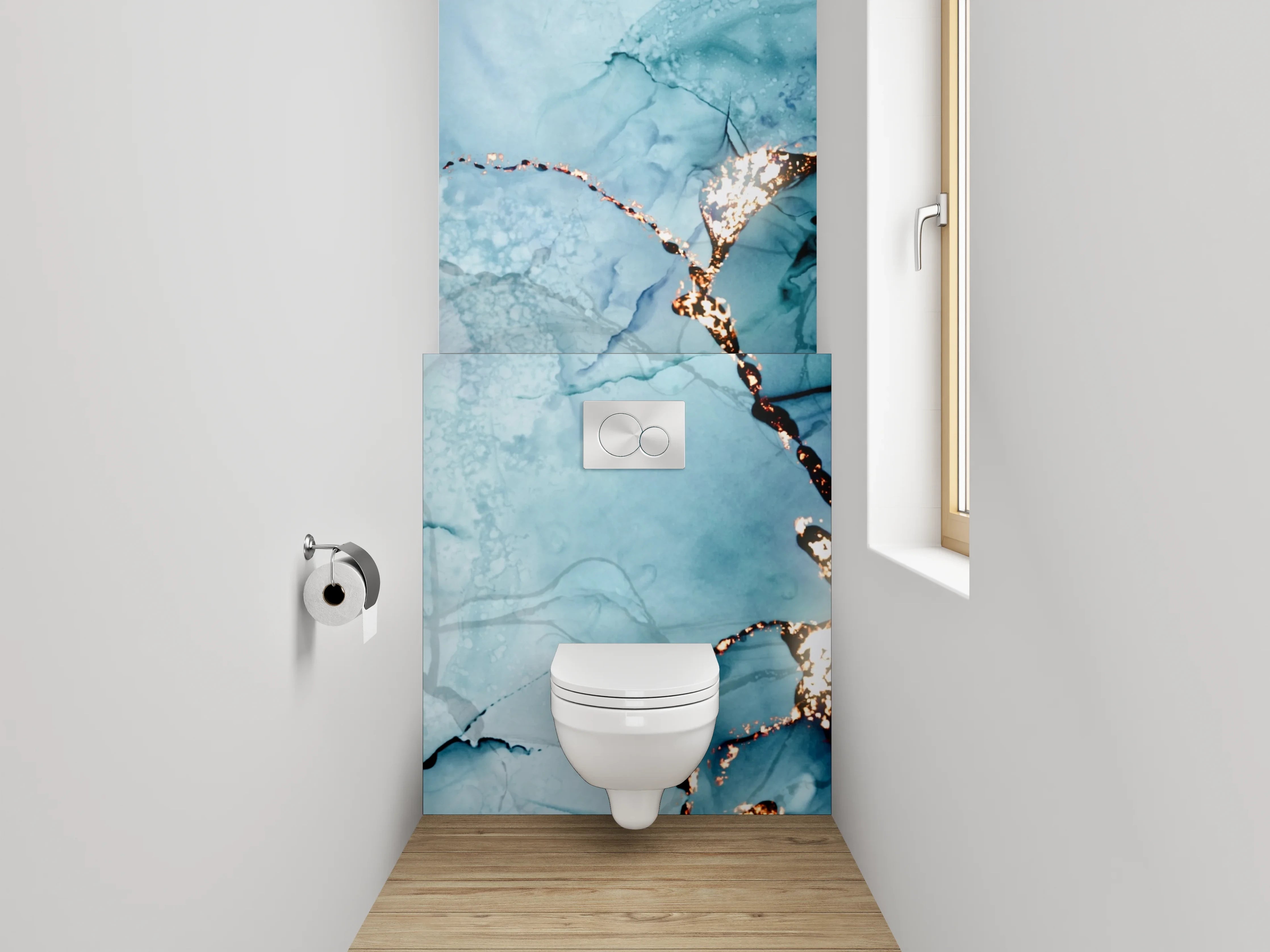 WC-Rückwand - Abstraktes Blau-Gold Aquarell