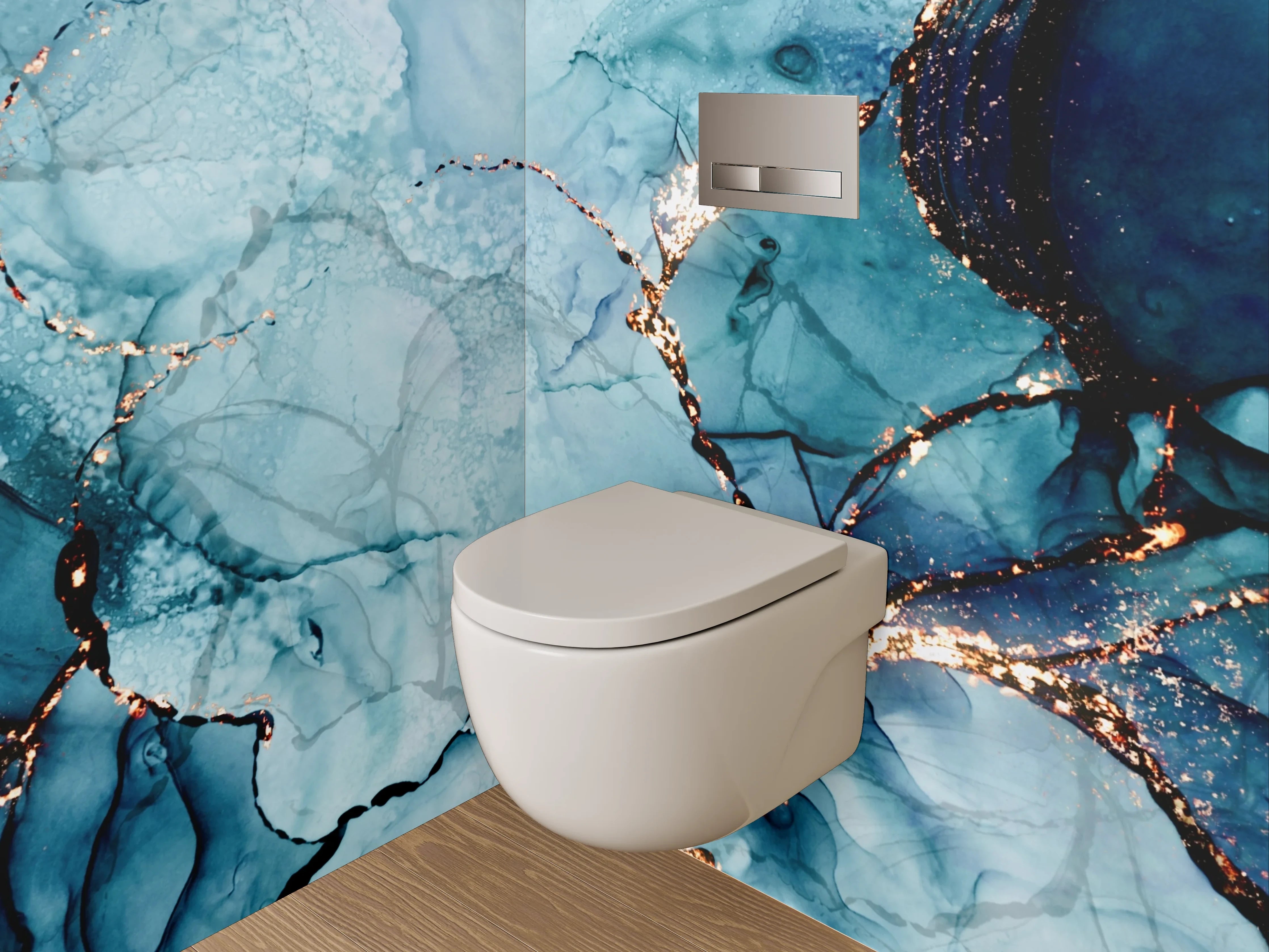 WC-Rückwand - Abstraktes Blau-Gold Aquarell