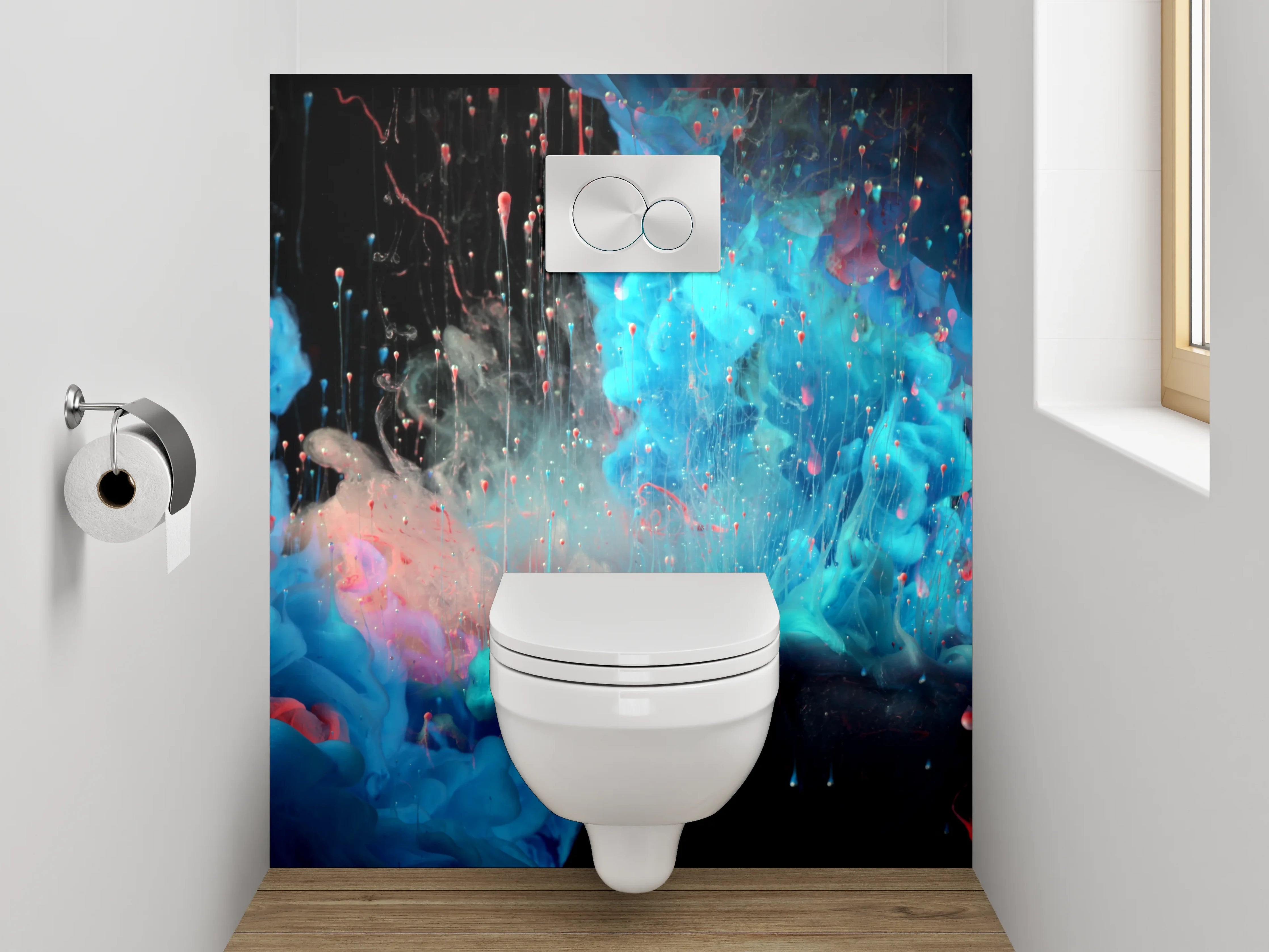 WC-Rückwand - Abstraktes Farbenspiel in Rot und Blau