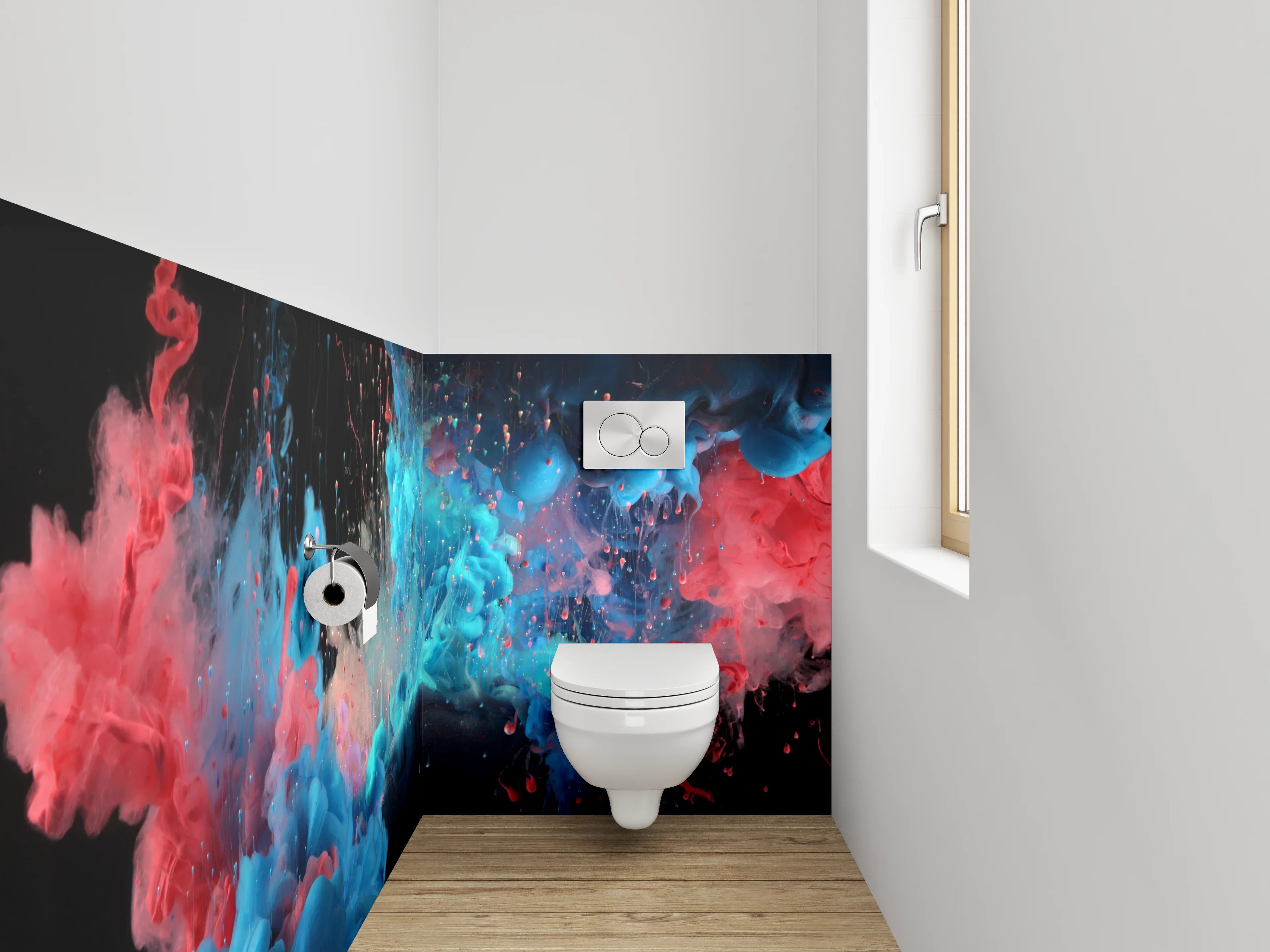 WC-Rückwand - Abstraktes Farbenspiel in Rot und Blau