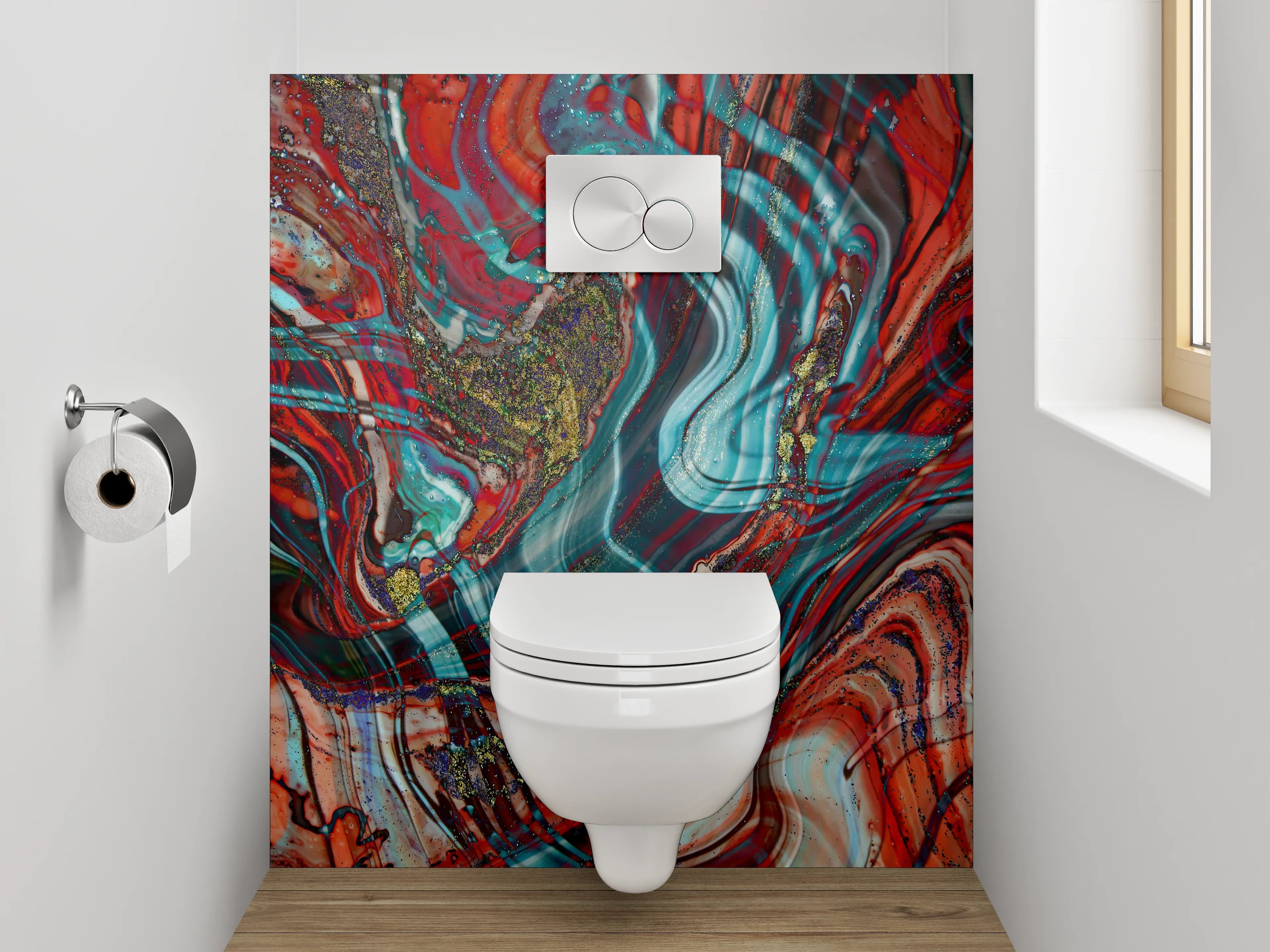 WC-Rückwand - Abstraktes Farbspiel Marmordesign Rot Türkis