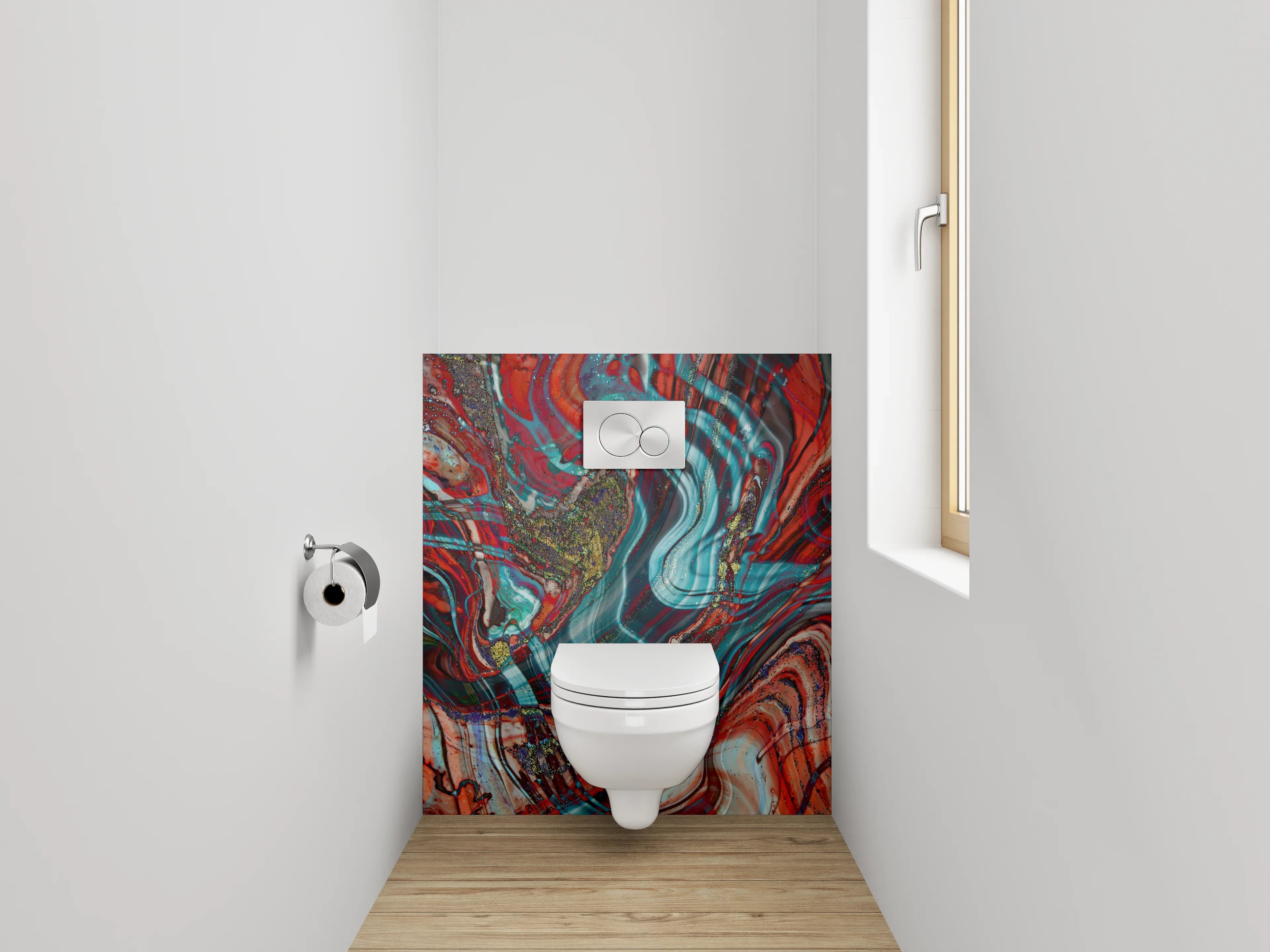 WC-Rückwand - Abstraktes Farbspiel Marmordesign Rot Türkis