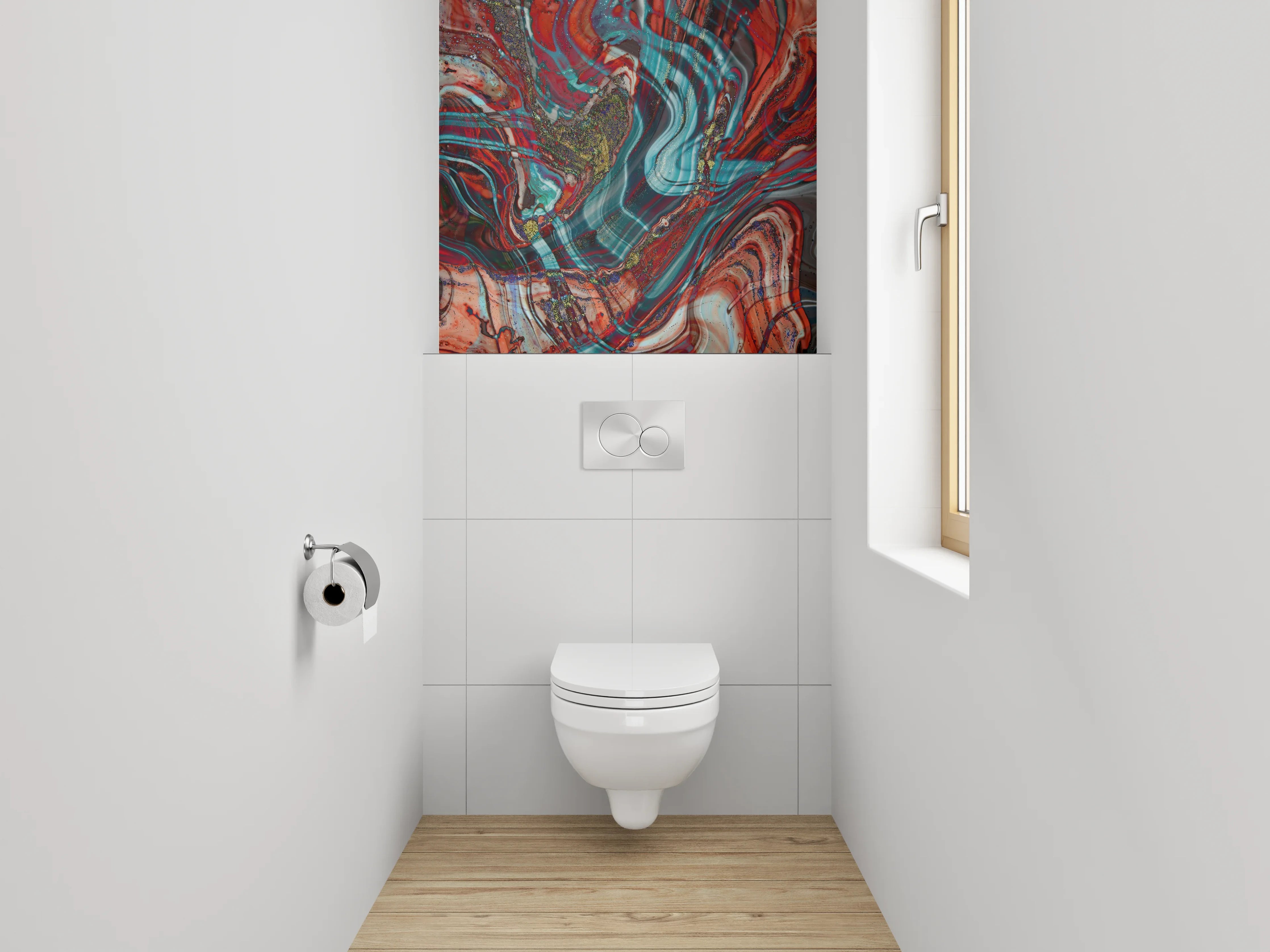 WC-Rückwand - Abstraktes Farbspiel Marmordesign Rot Türkis
