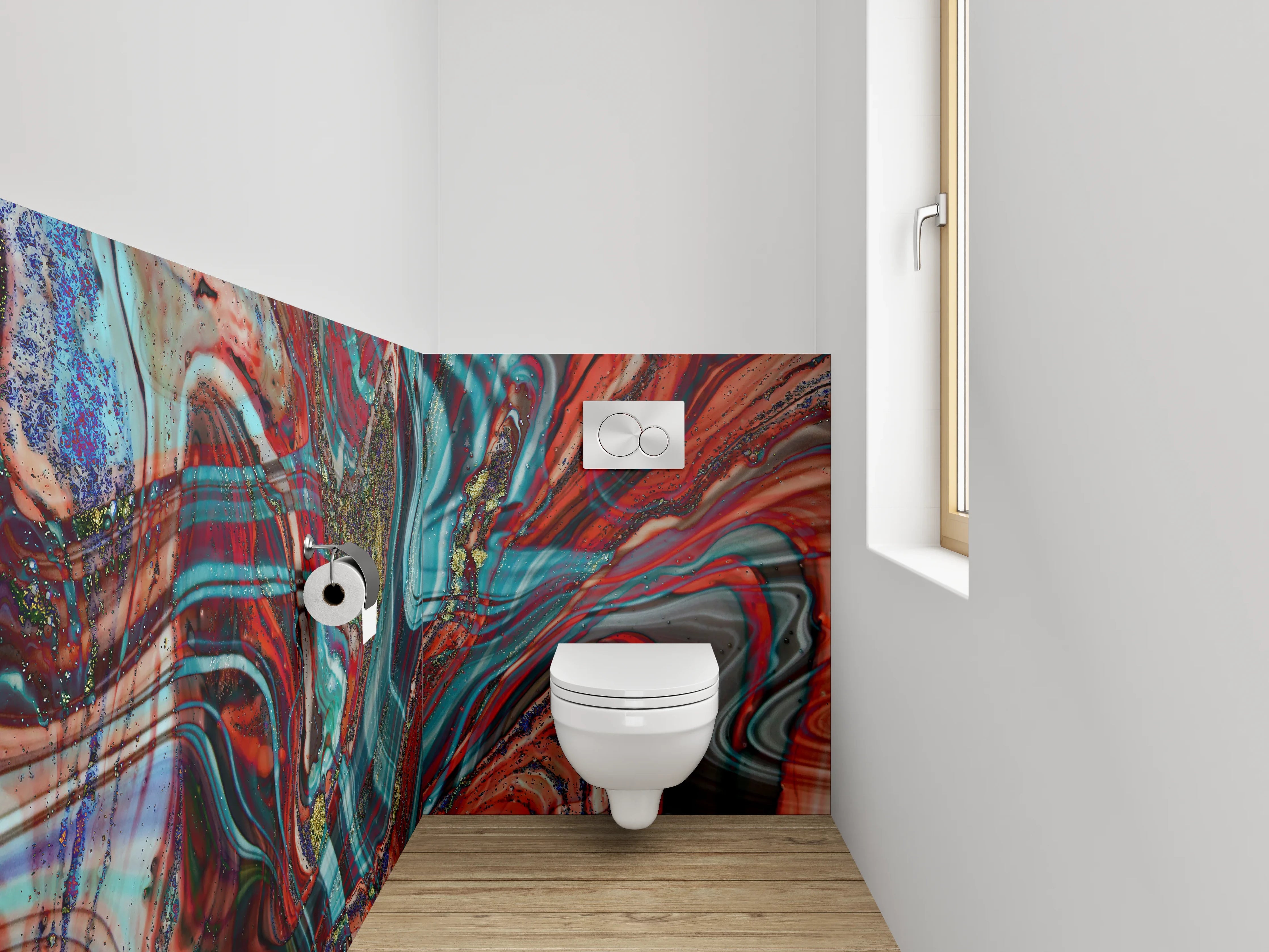 WC-Rückwand - Abstraktes Farbspiel Marmordesign Rot Türkis