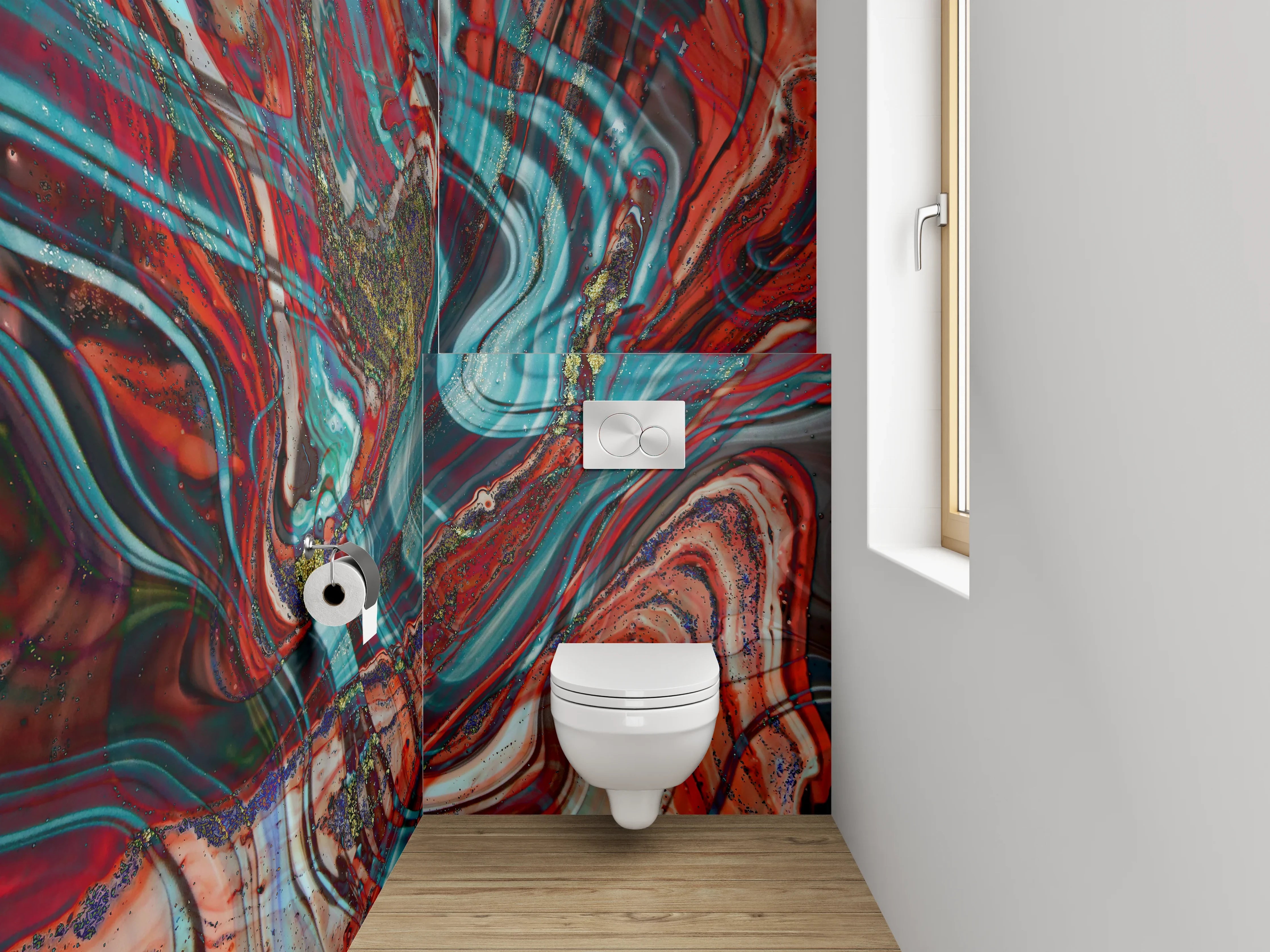 WC-Rückwand - Abstraktes Farbspiel Marmordesign Rot Türkis