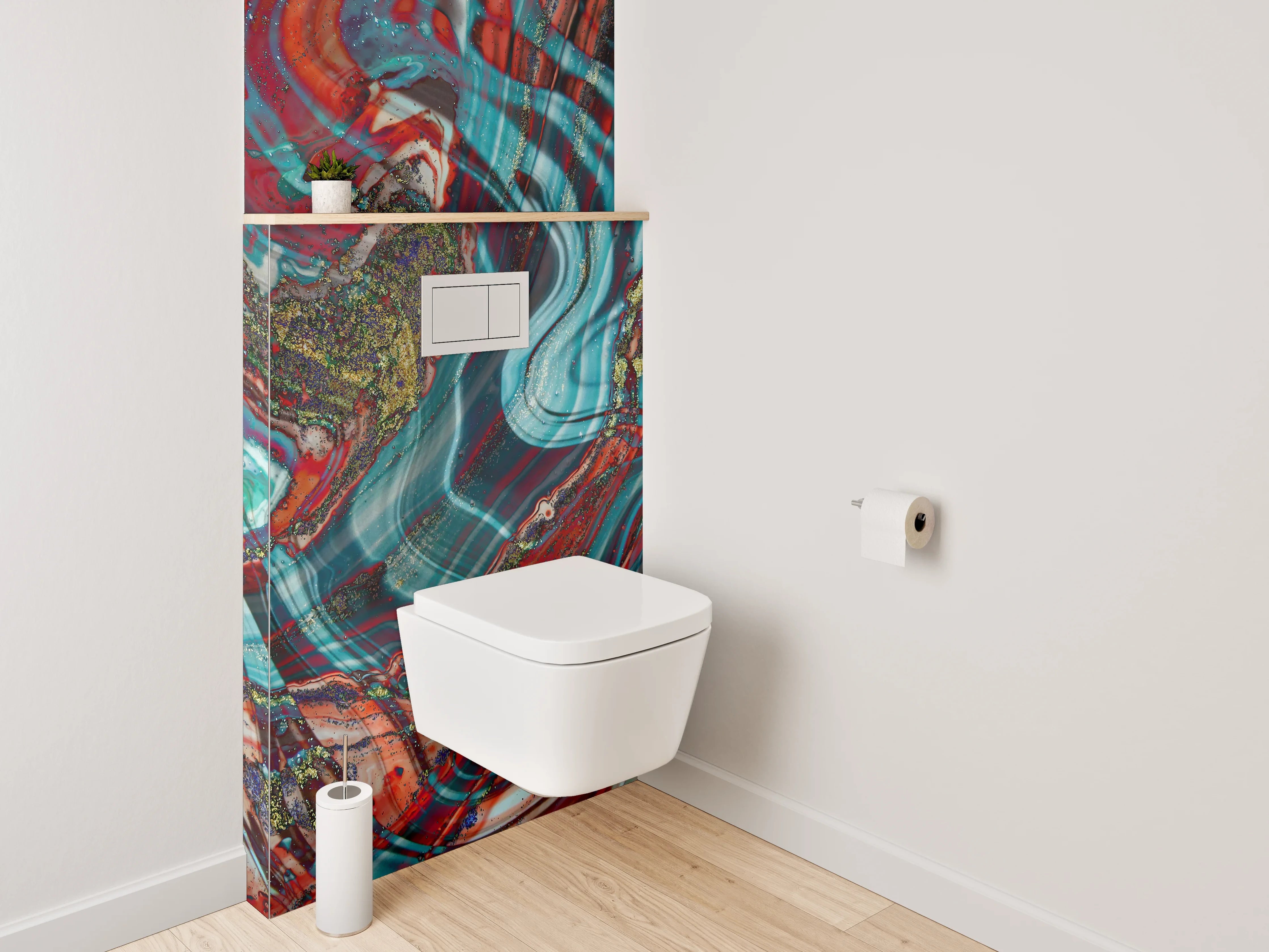 WC-Rückwand - Abstraktes Farbspiel Marmordesign Rot Türkis