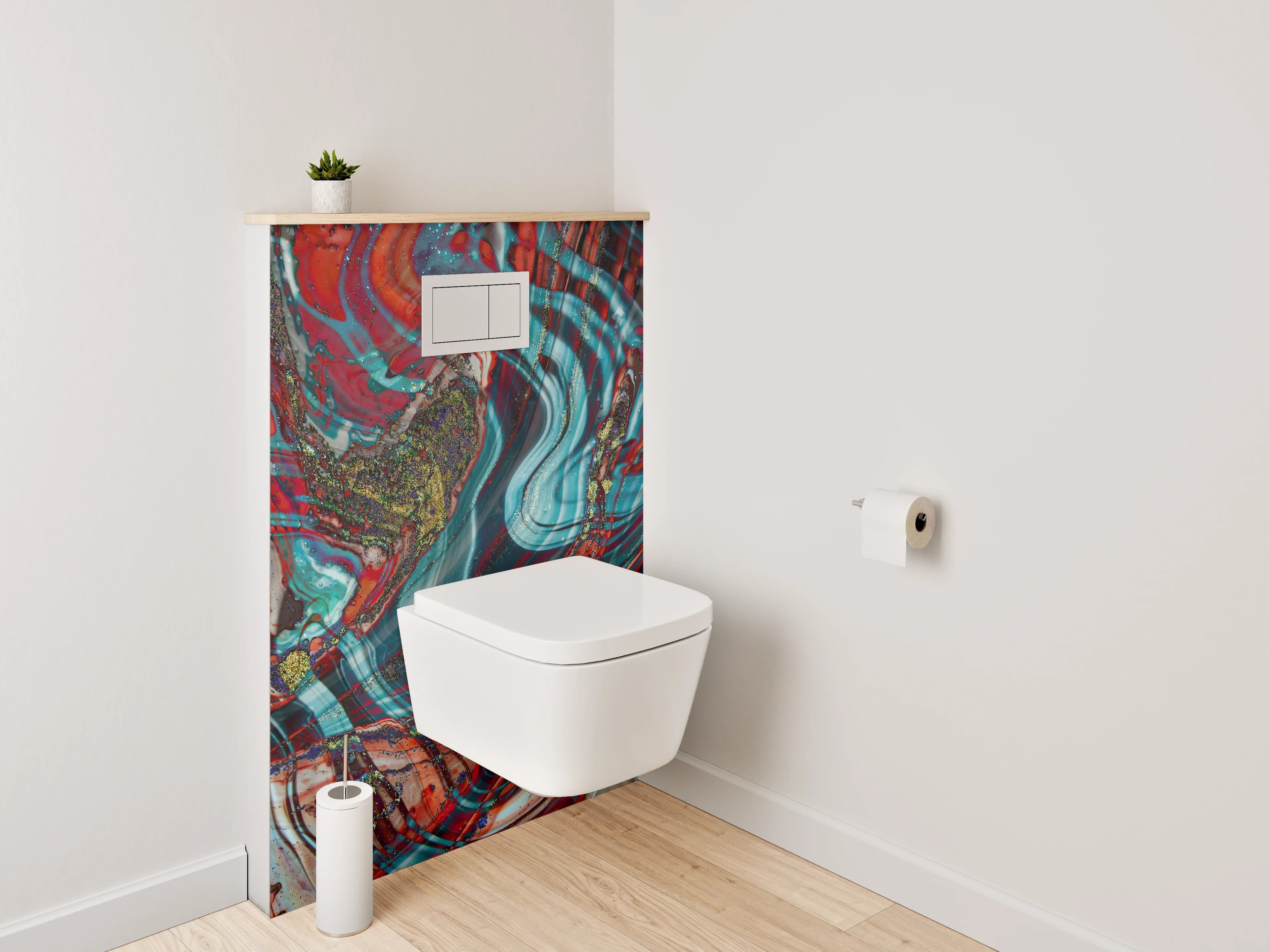 WC-Rückwand - Abstraktes Farbspiel Marmordesign Rot Türkis