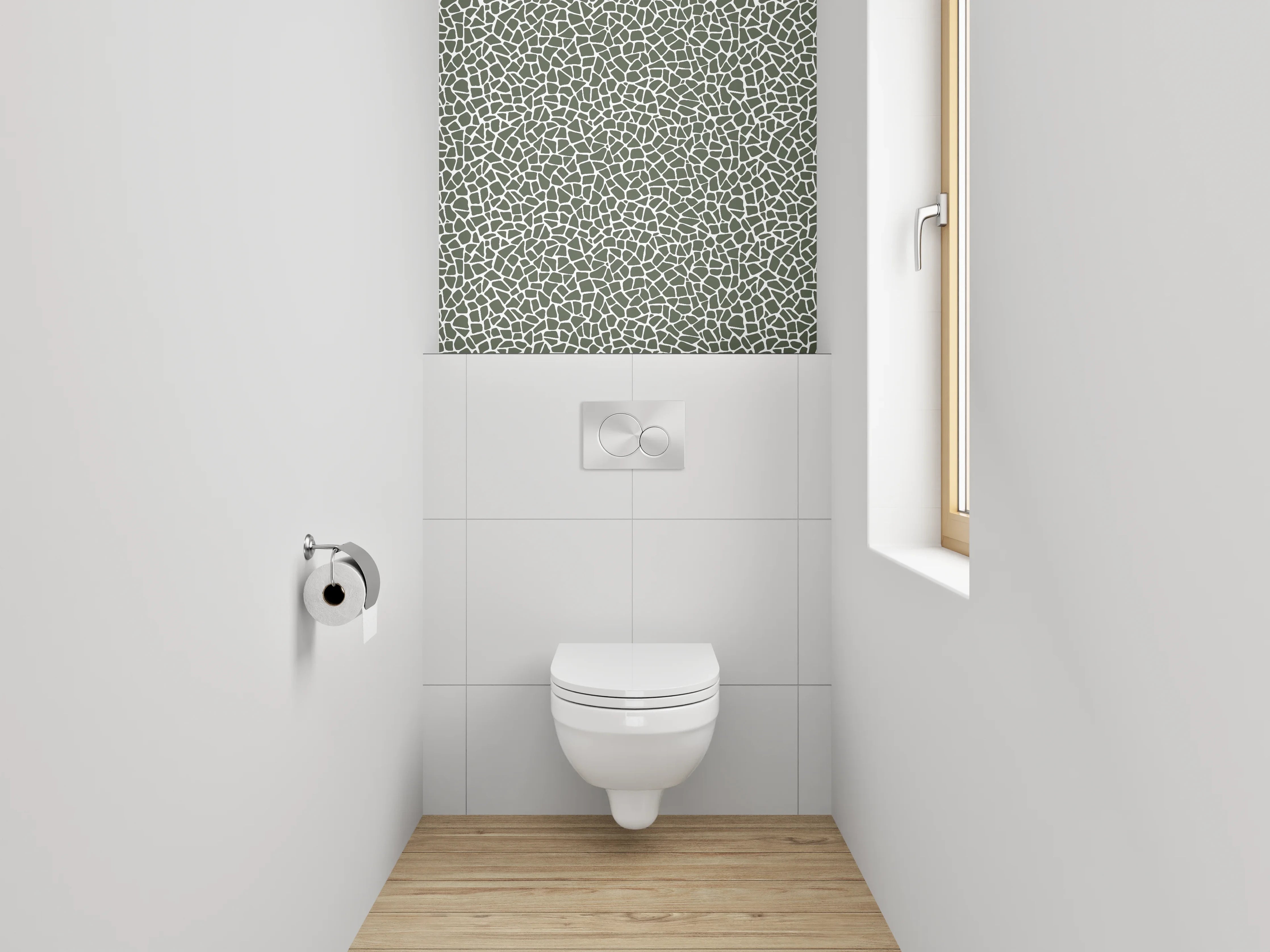 WC-Rückwand - Abstraktes Fliesenmosaik in Grau-Weiß