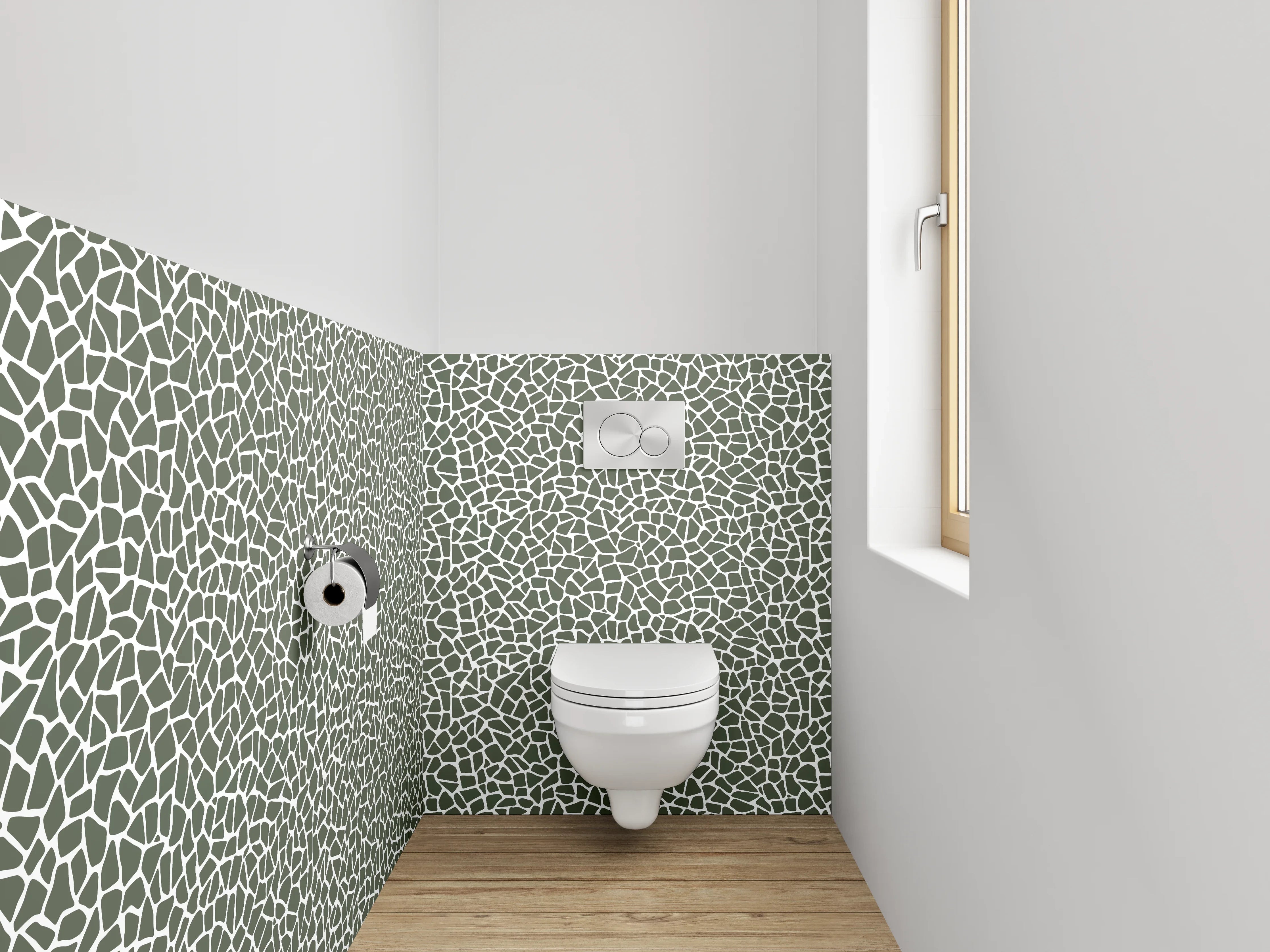 WC-Rückwand - Abstraktes Fliesenmosaik in Grau-Weiß