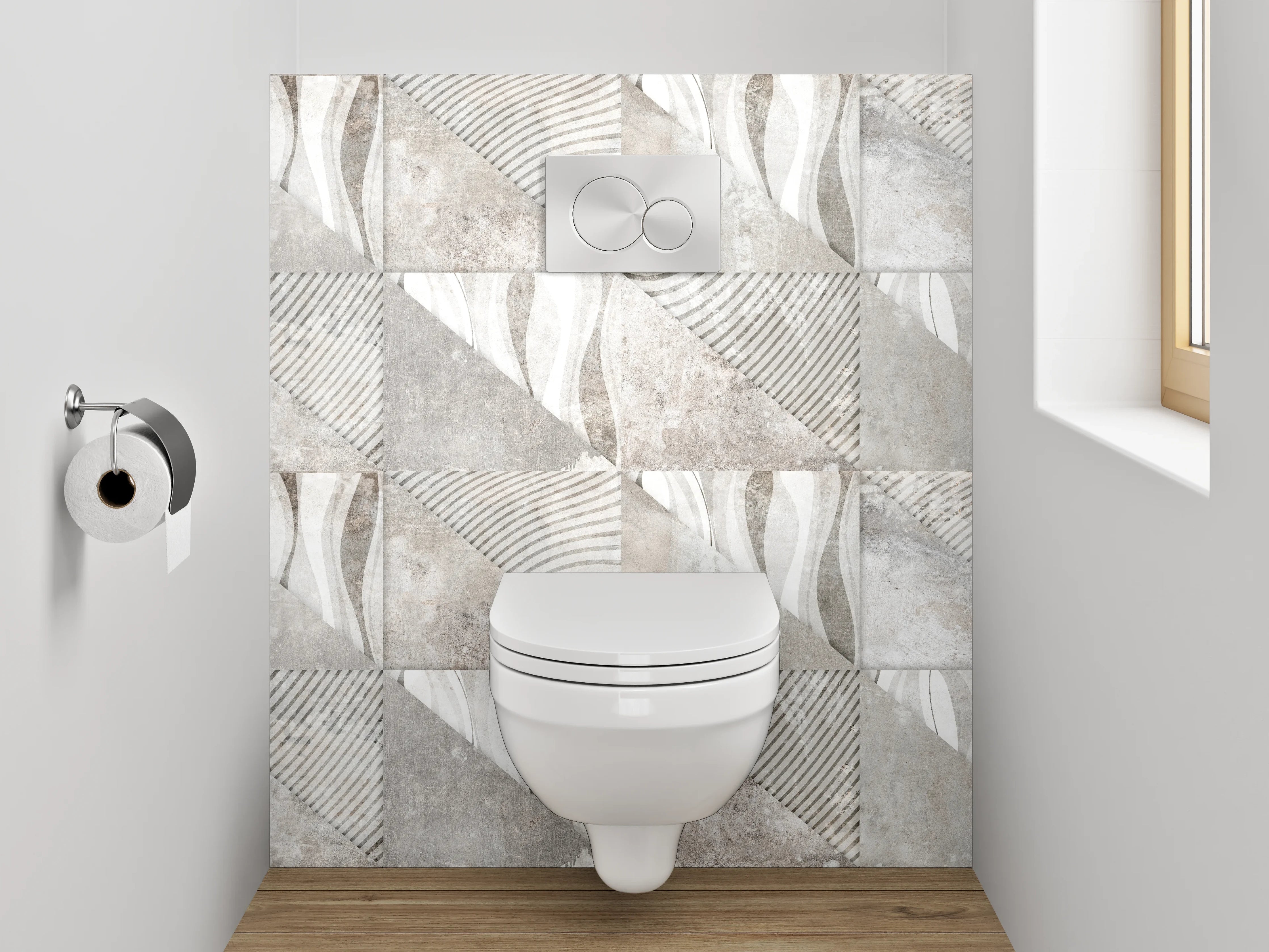 WC-Rückwand - Abstraktes Fliesenmuster in Weiß-Grau