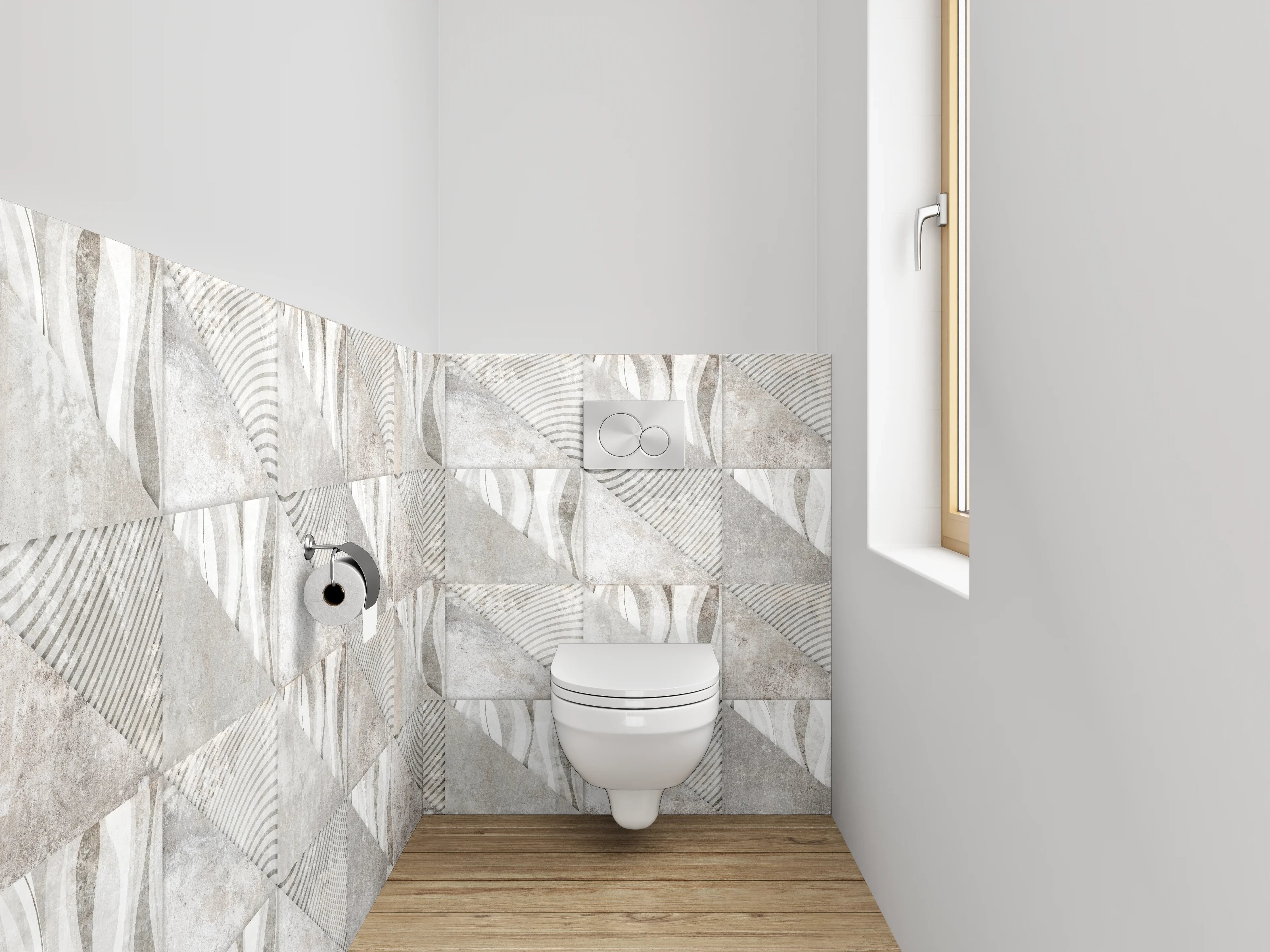 WC-Rückwand - Abstraktes Fliesenmuster in Weiß-Grau