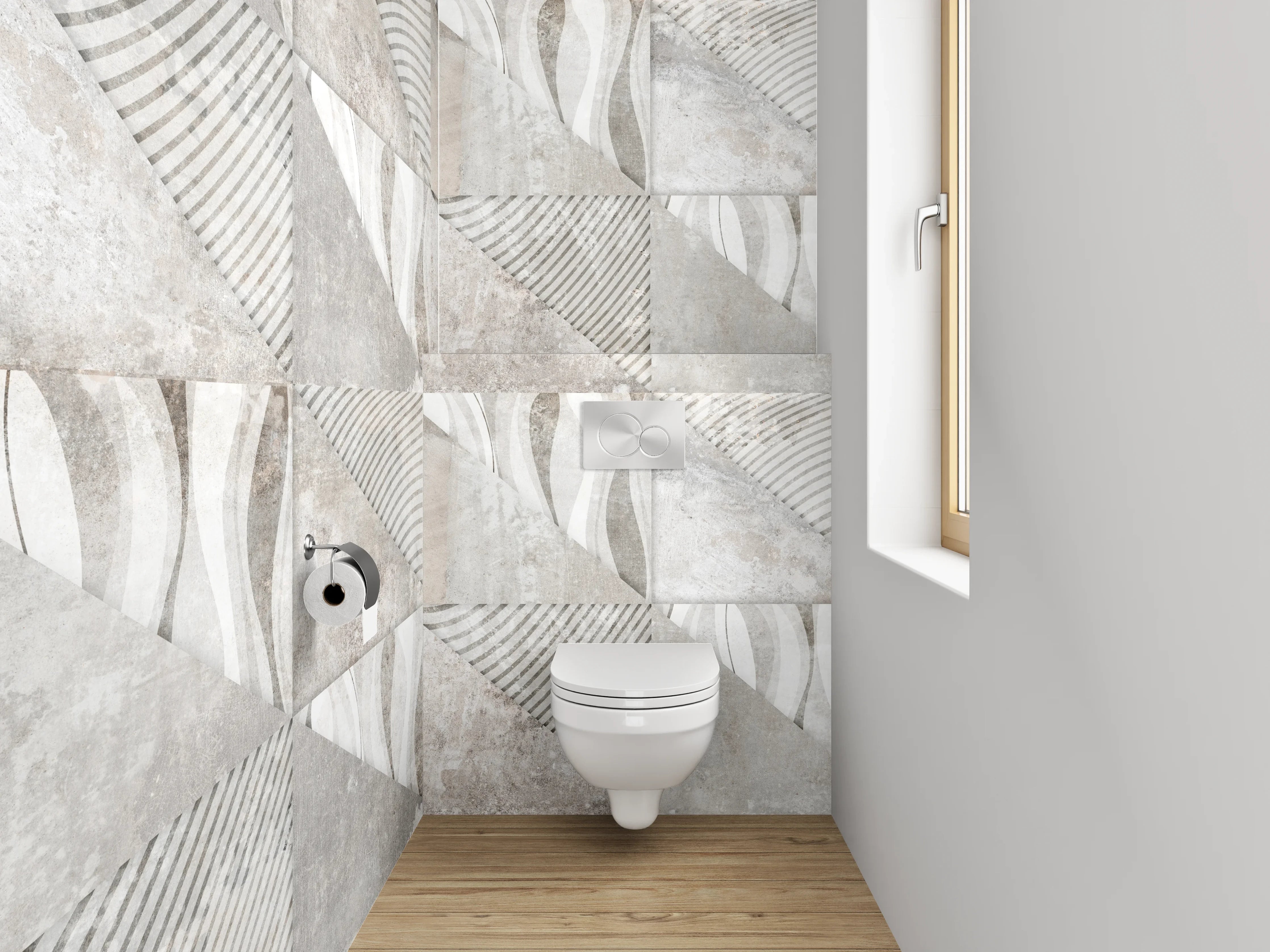 WC-Rückwand - Abstraktes Fliesenmuster in Weiß-Grau