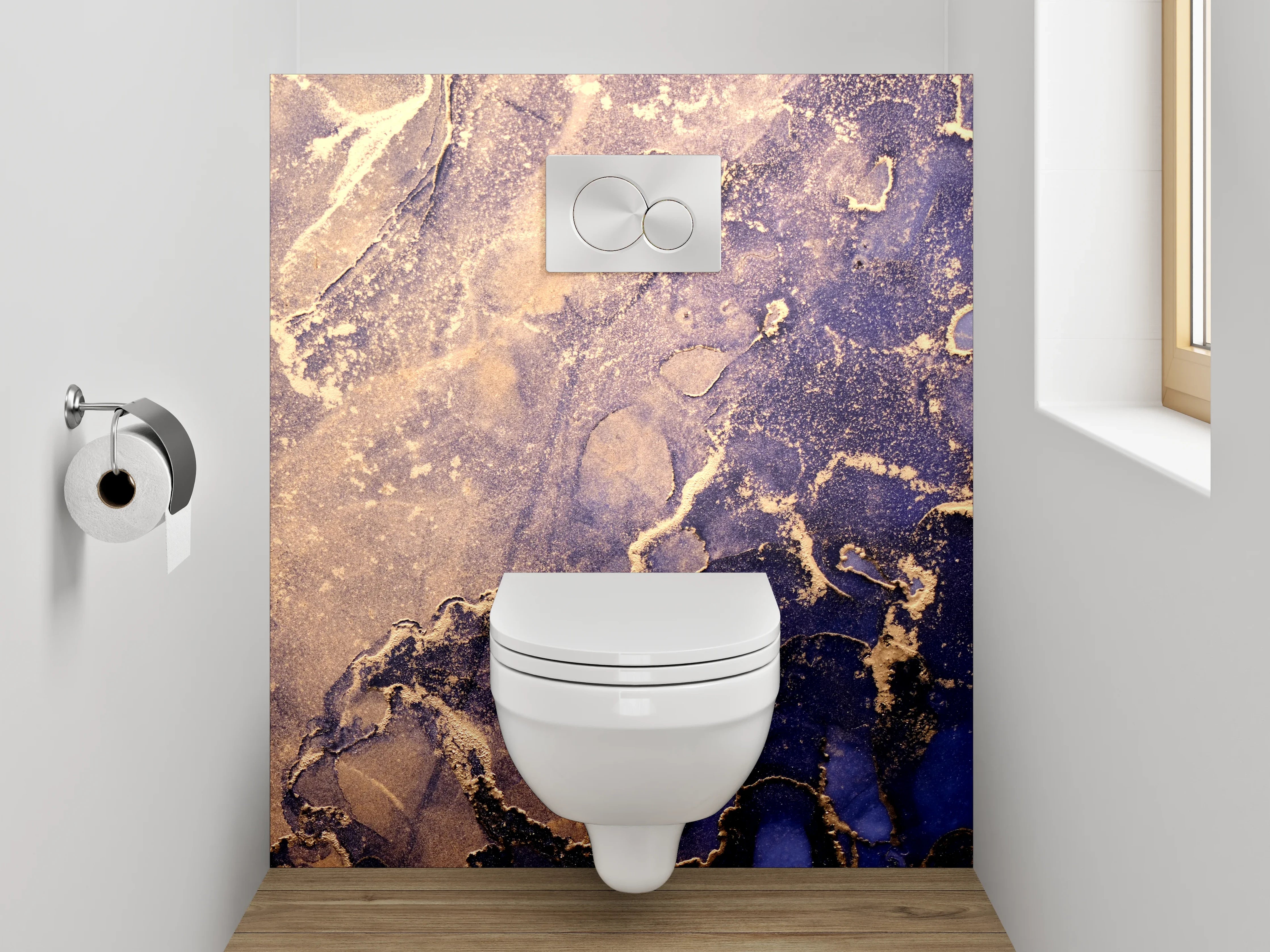 WC-Rückwand - Abstraktes Gold-Blau Marmor Design