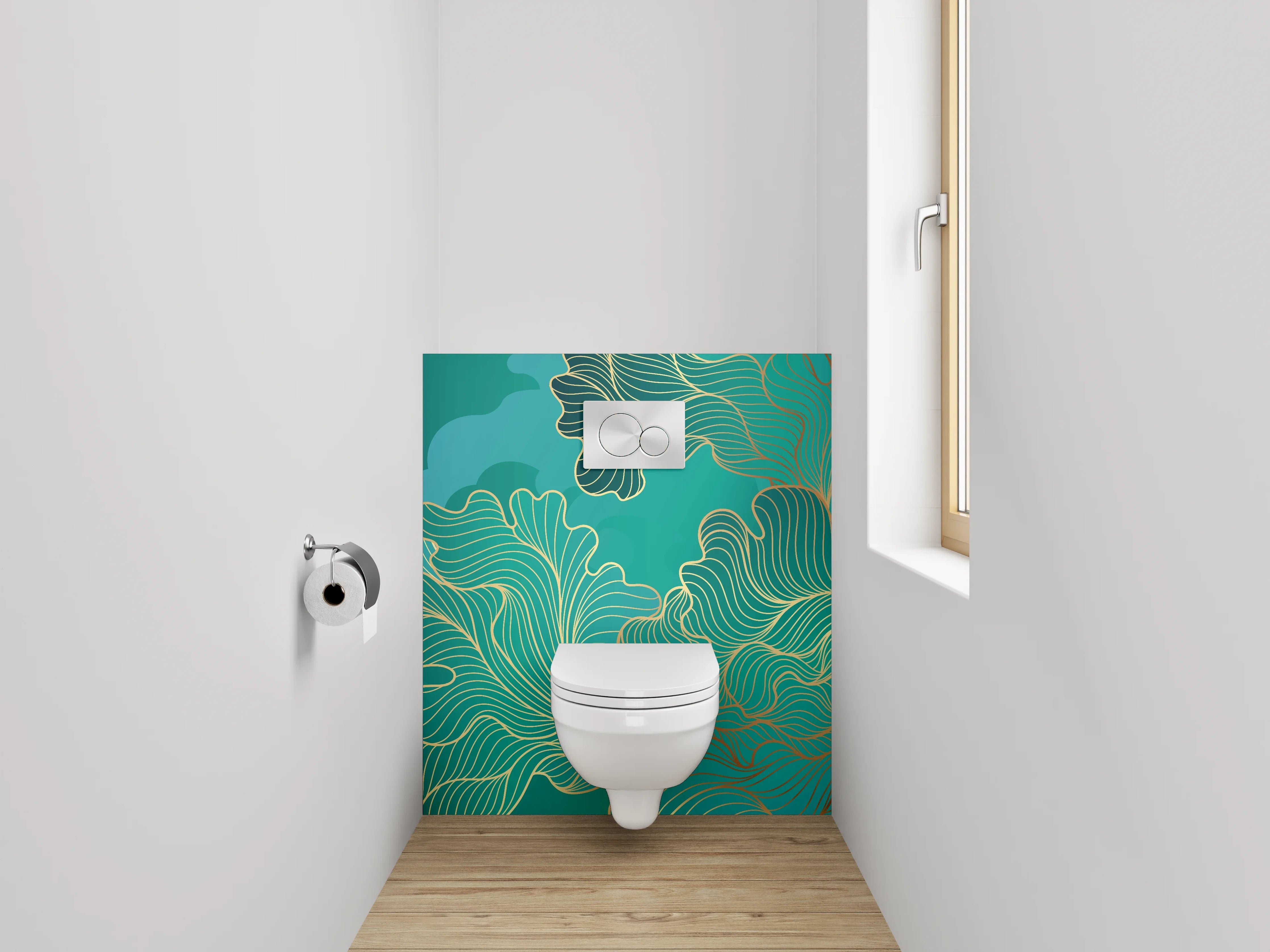 WC-Rückwand - Abstraktes Gold-Lineart auf Türkis