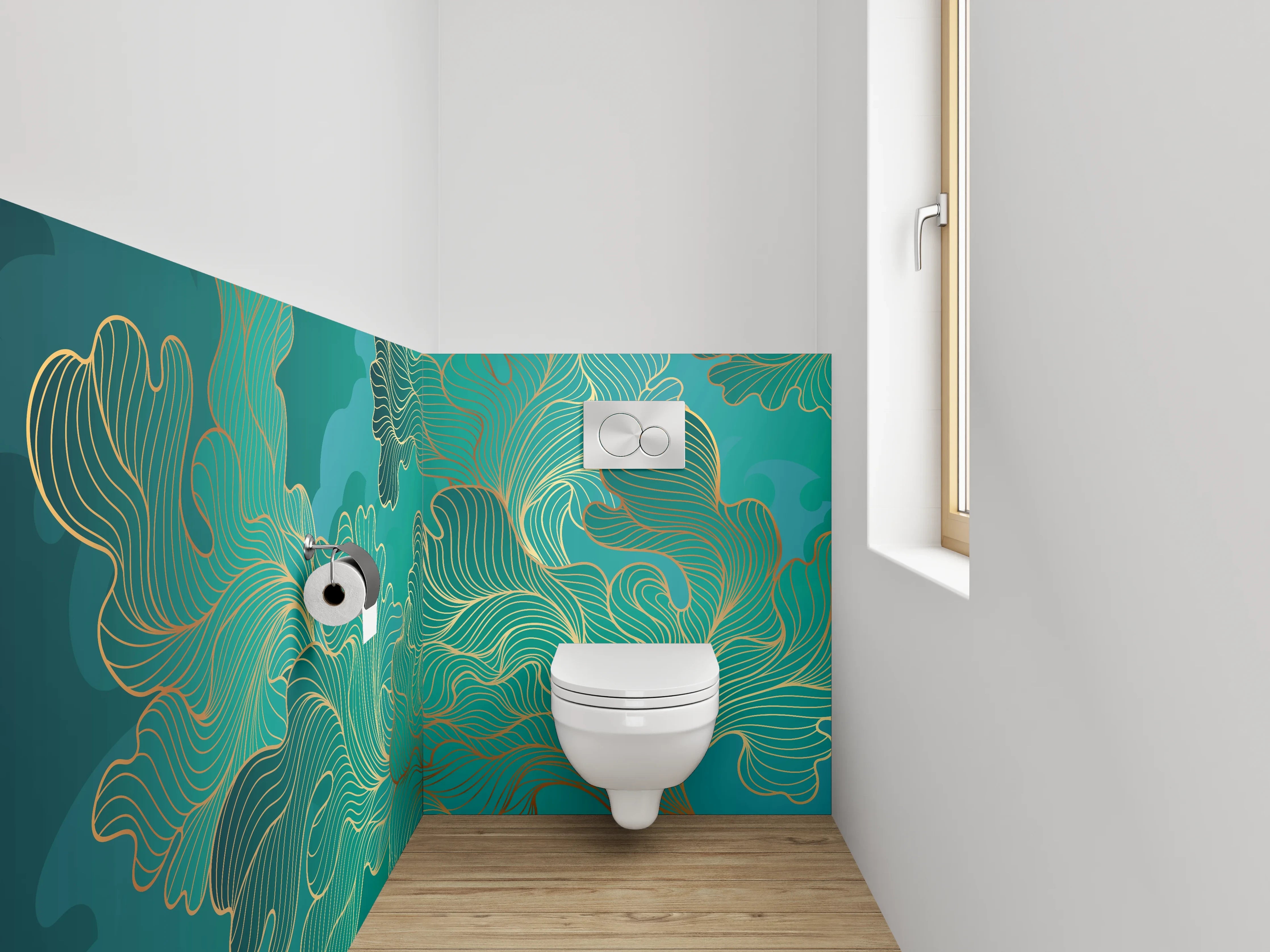WC-Rückwand - Abstraktes Gold-Lineart auf Türkis
