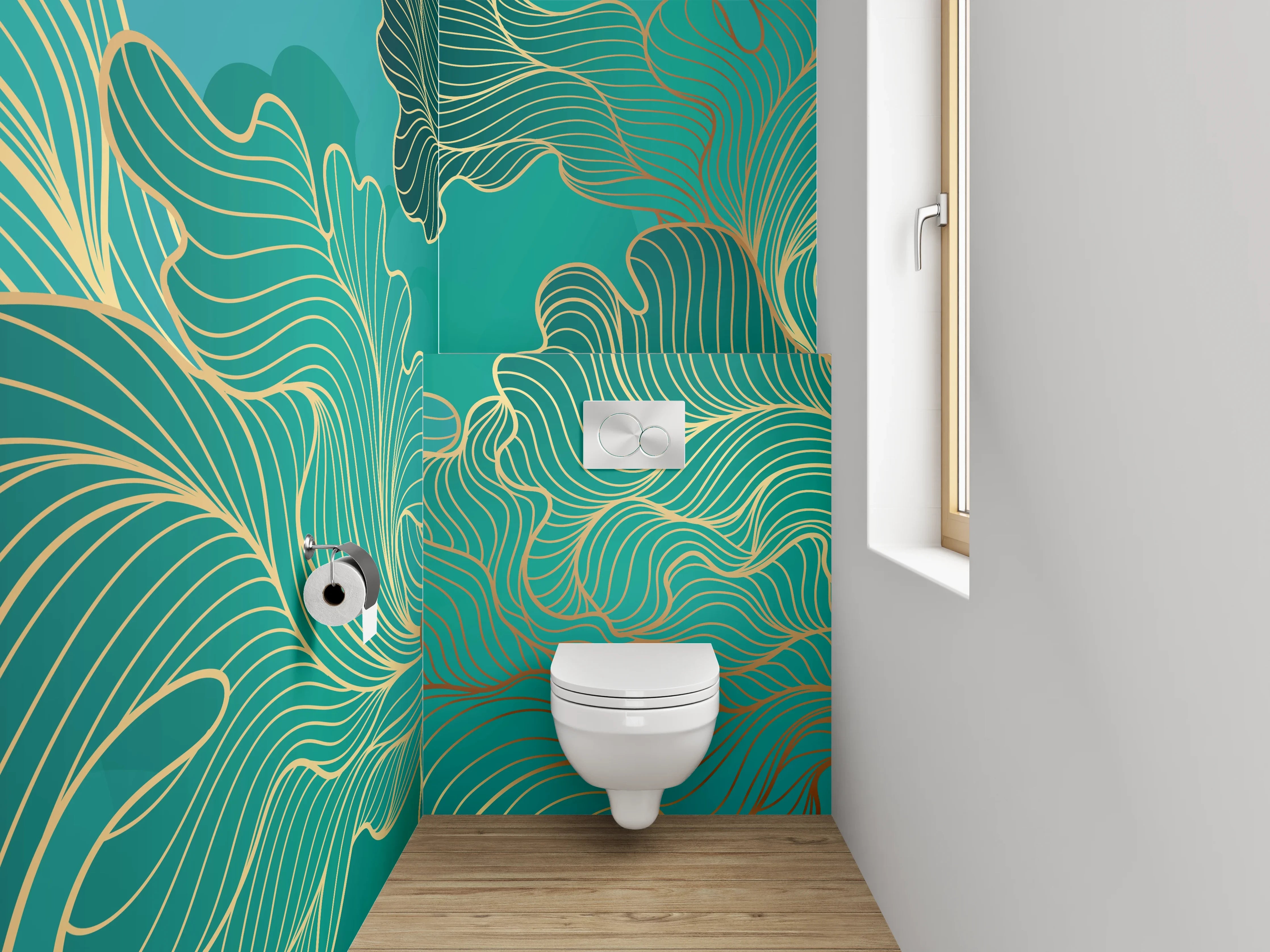 WC-Rückwand - Abstraktes Gold-Lineart auf Türkis